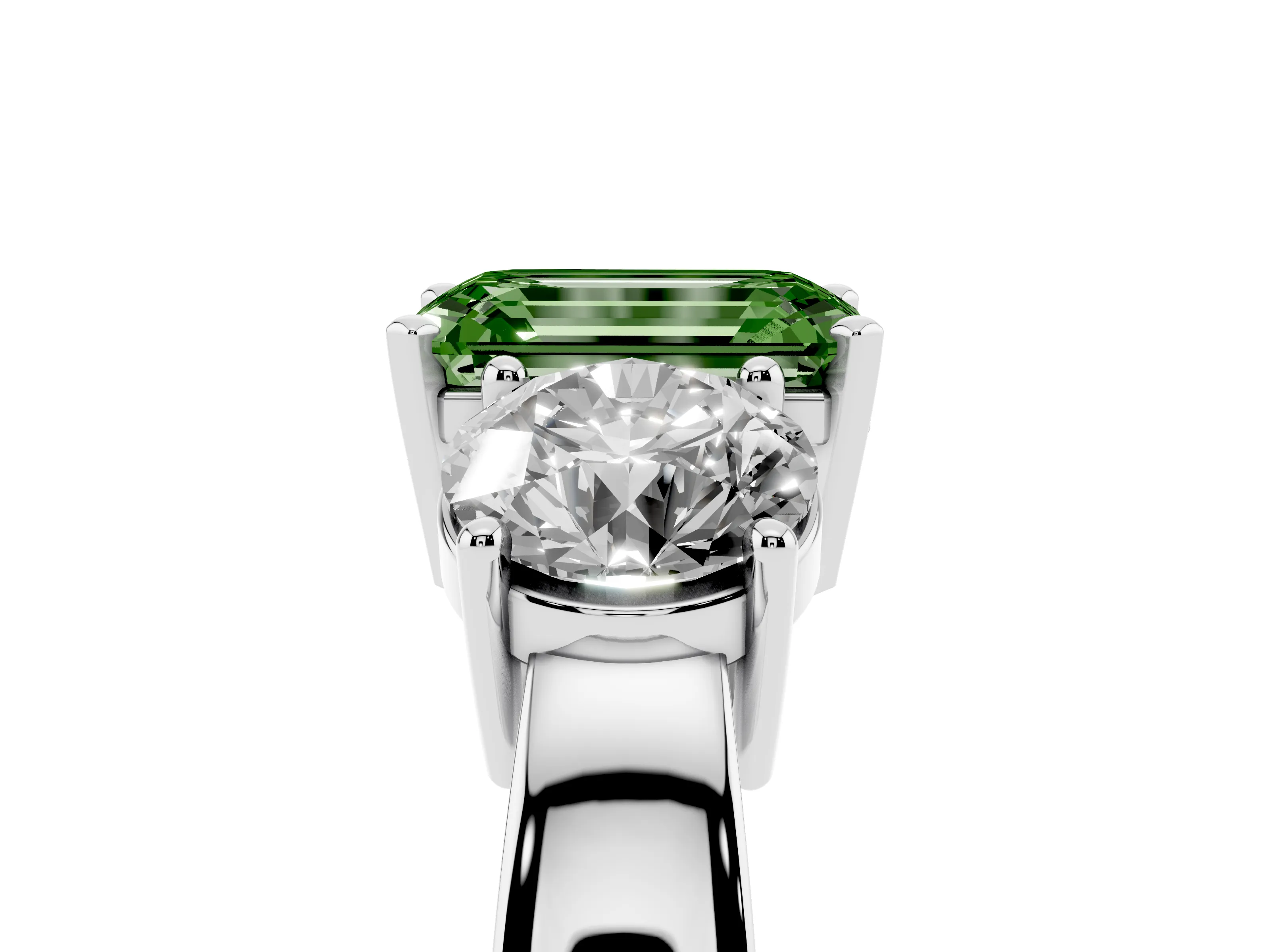 Fancy Green Emerald Cut Diamond Three-Stone Ring Set in Silver with Round Side Stones and Classic Band