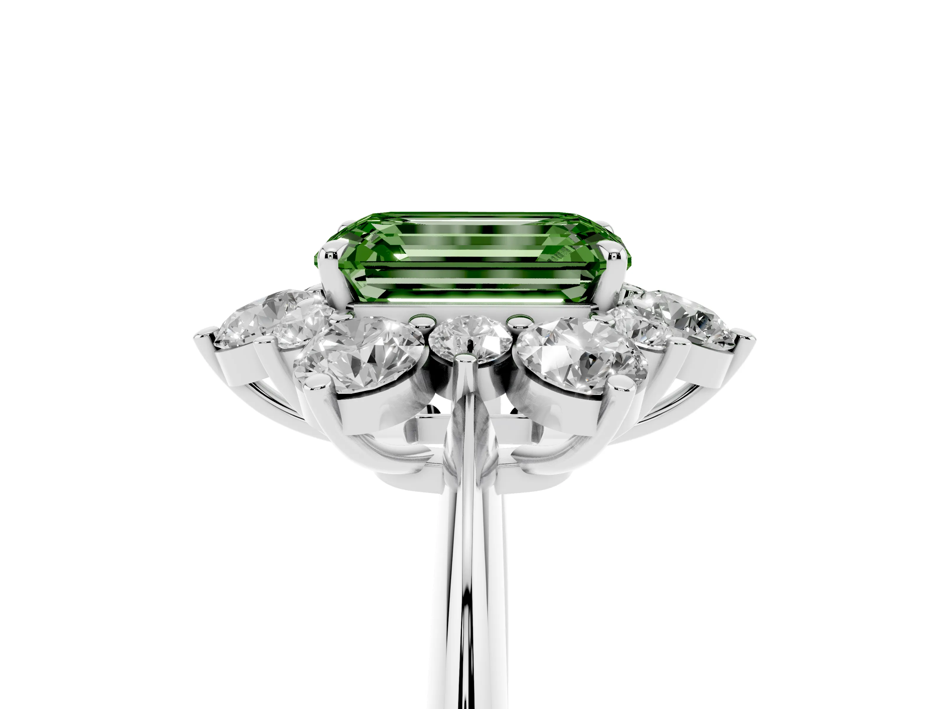 Fancy Green Emerald Cut Diamond Cluster Halo Ring Set in White gold with Solitaire Band and Prong Setting