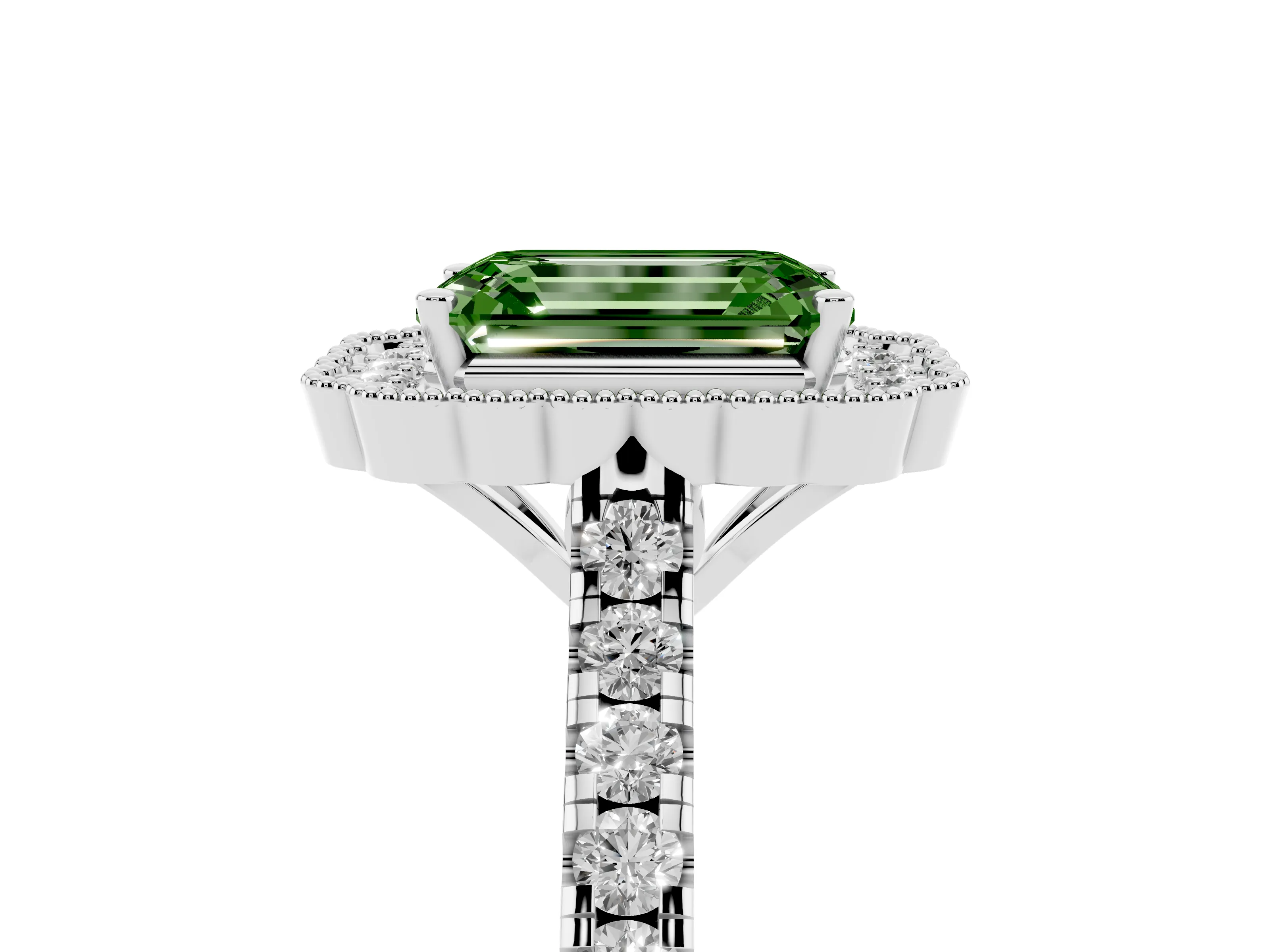 Fancy Green Emerald Cut Diamond Milgrain Floral Halo Engagement Ring Set in White gold with Pavé Band