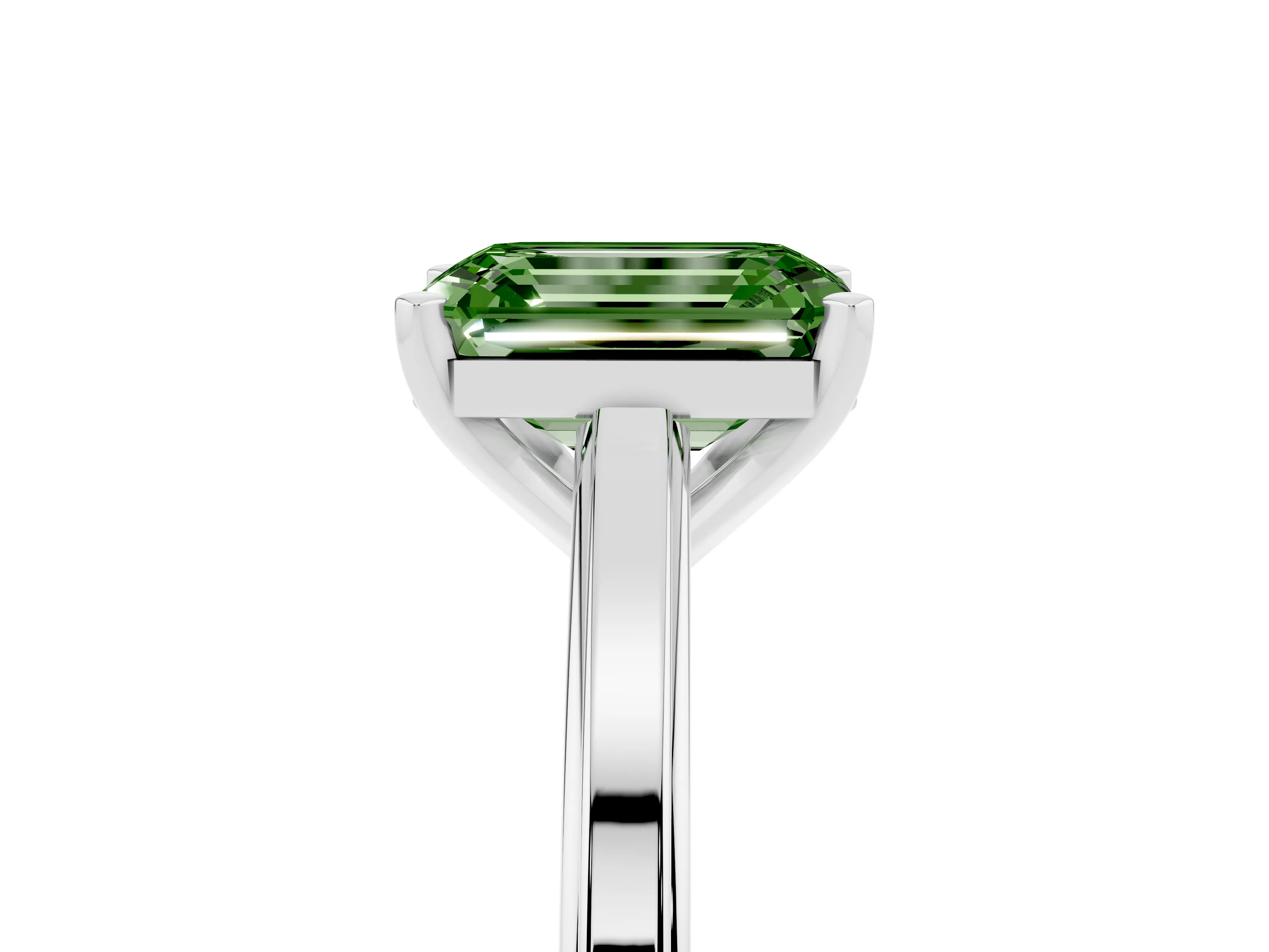 Fancy Green Emerald Cut Diamond Solitaire Ring Set in Platinum with Prong Setting and Classic Band