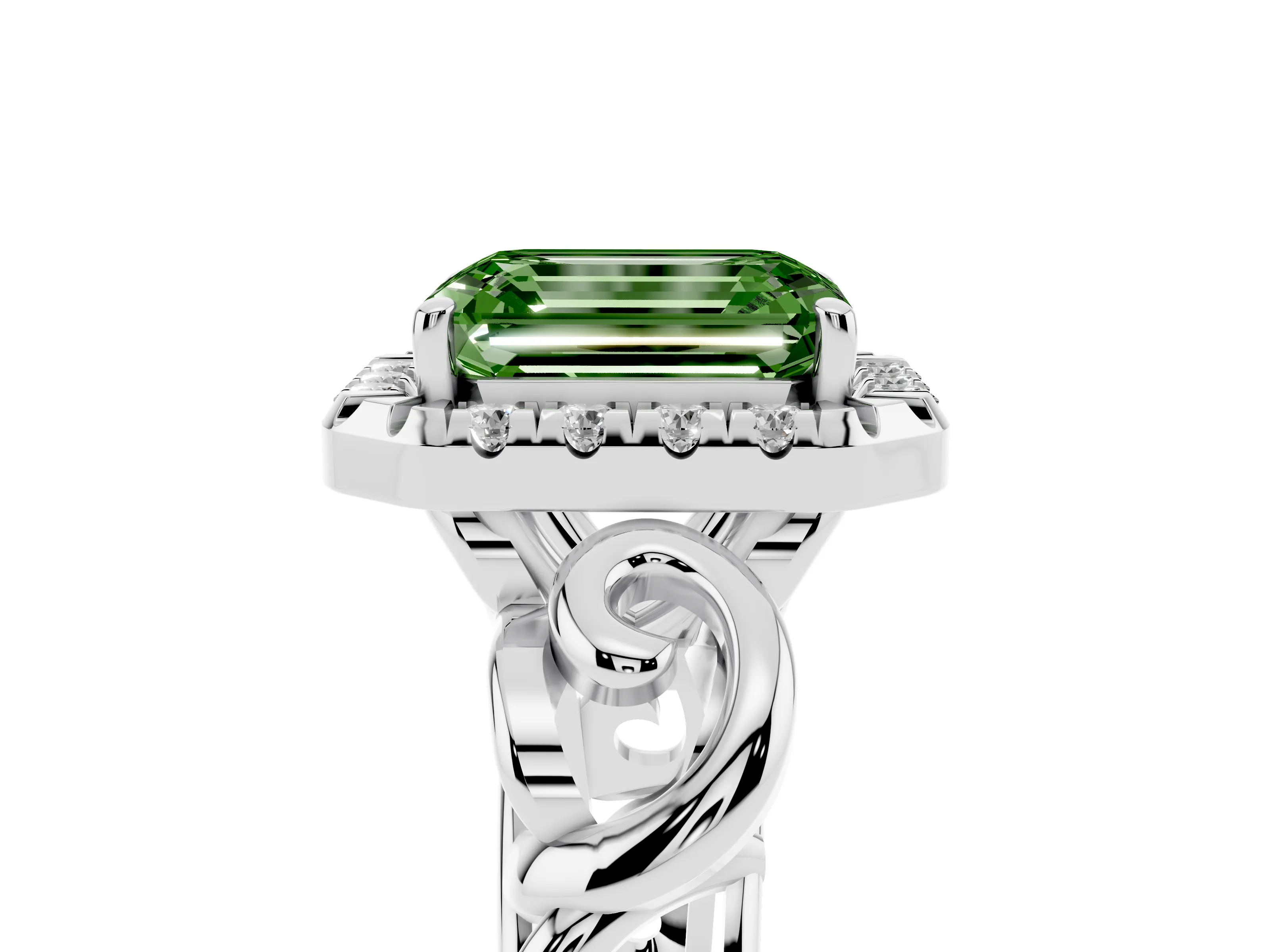 Fancy Green Emerald Cut Diamond Halo Ring Set in Platinum with Scrollwork Band and Prong Setting