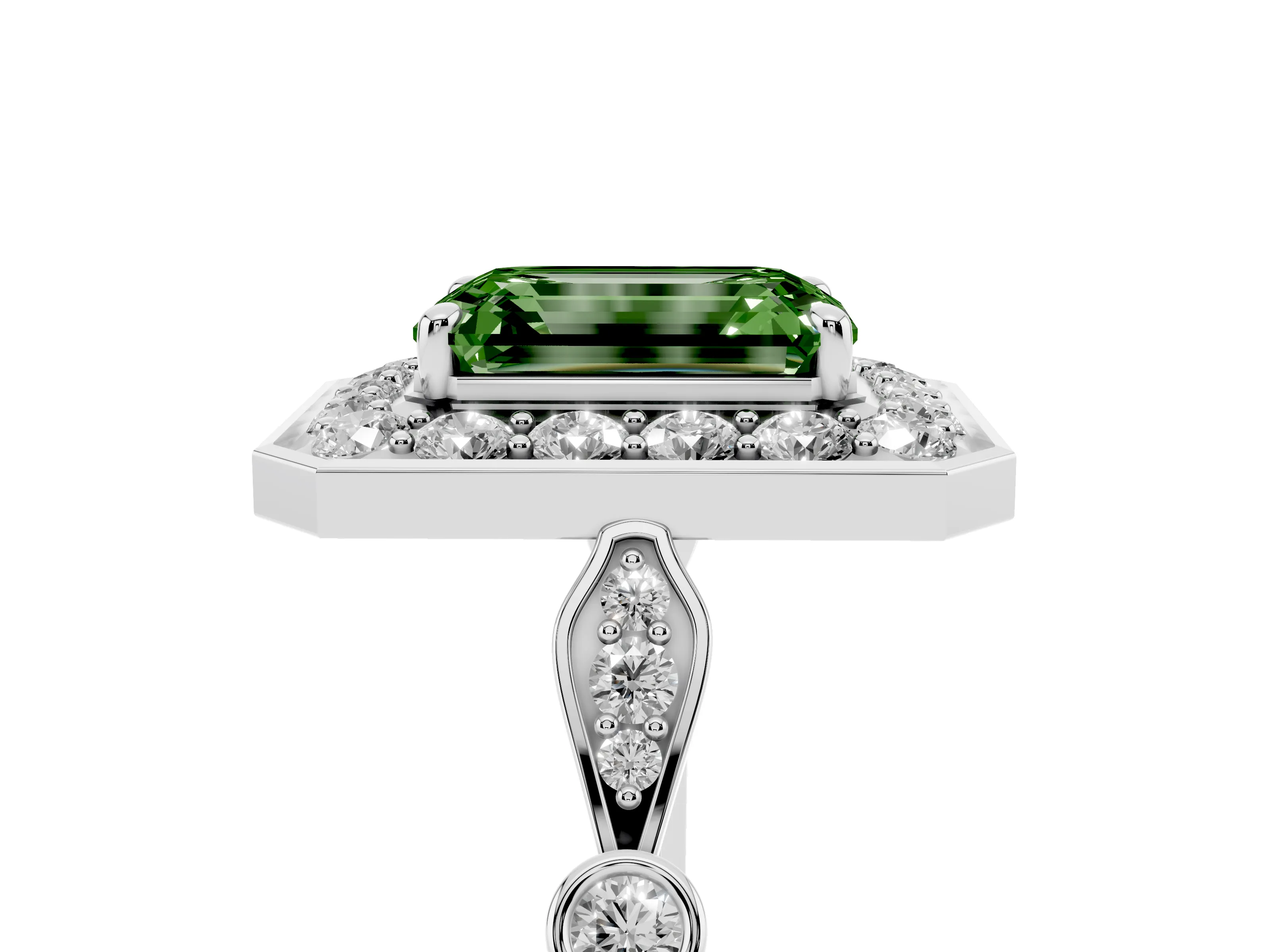 Fancy Green Emerald Cut Diamond Halo Engagement Ring Set in Platinum with Twisted Band and Prong Setting