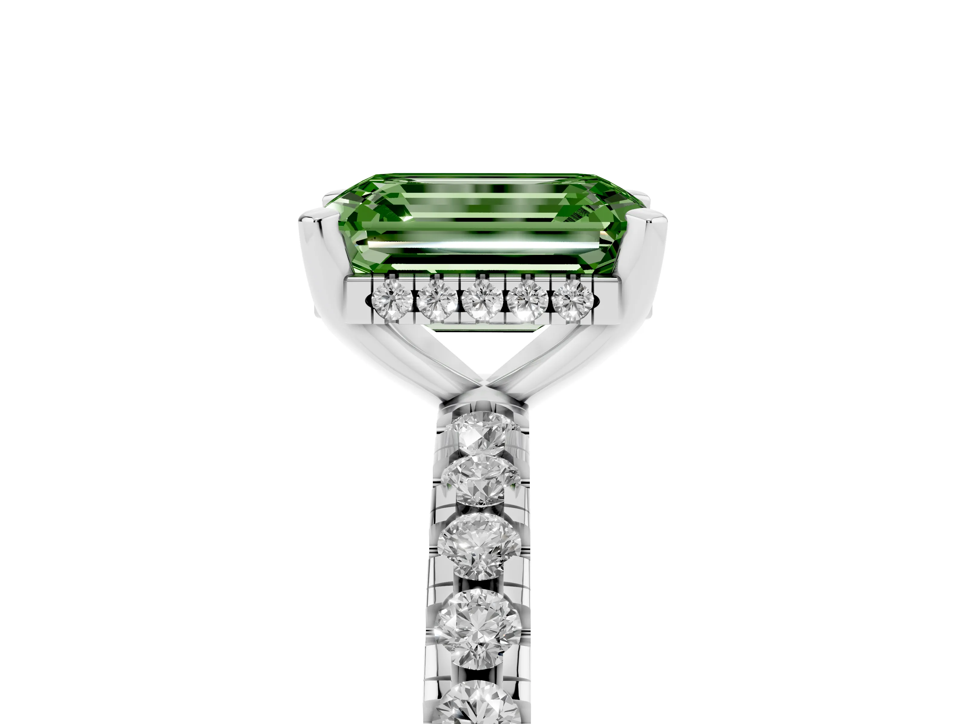 Fancy Green Emerald Cut Diamond Pavé Solitaire Ring Set in Platinum with Round Band Accents and Prong Setting