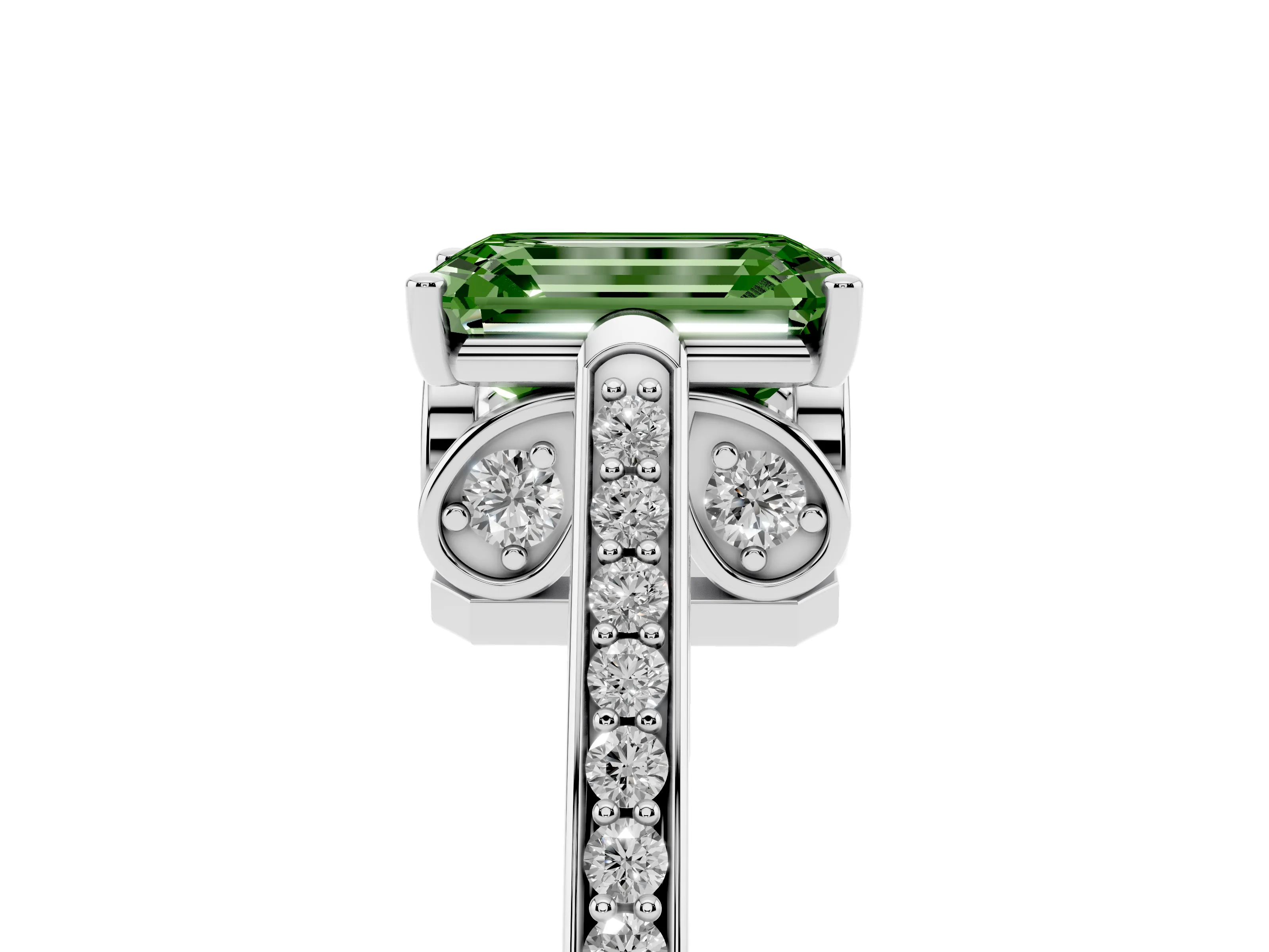 Fancy Green Emerald Cut Diamond Cathedral Pavé Engagement Ring Set in Silver with Prong Setting