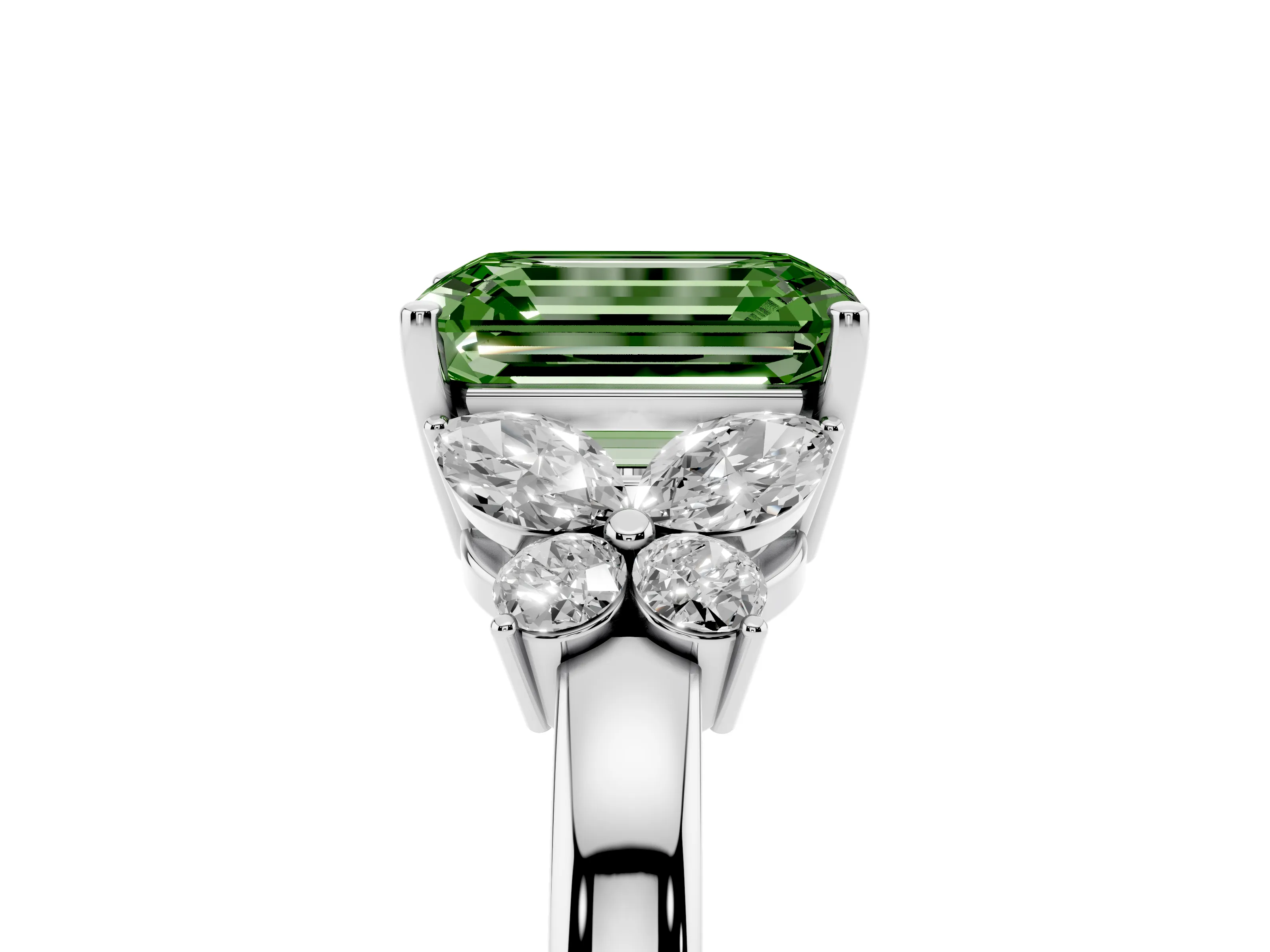 Fancy Green Emerald Cut Diamond Solitaire Floral Ring Set in Platinum with Marquise Petals and Prong Setting