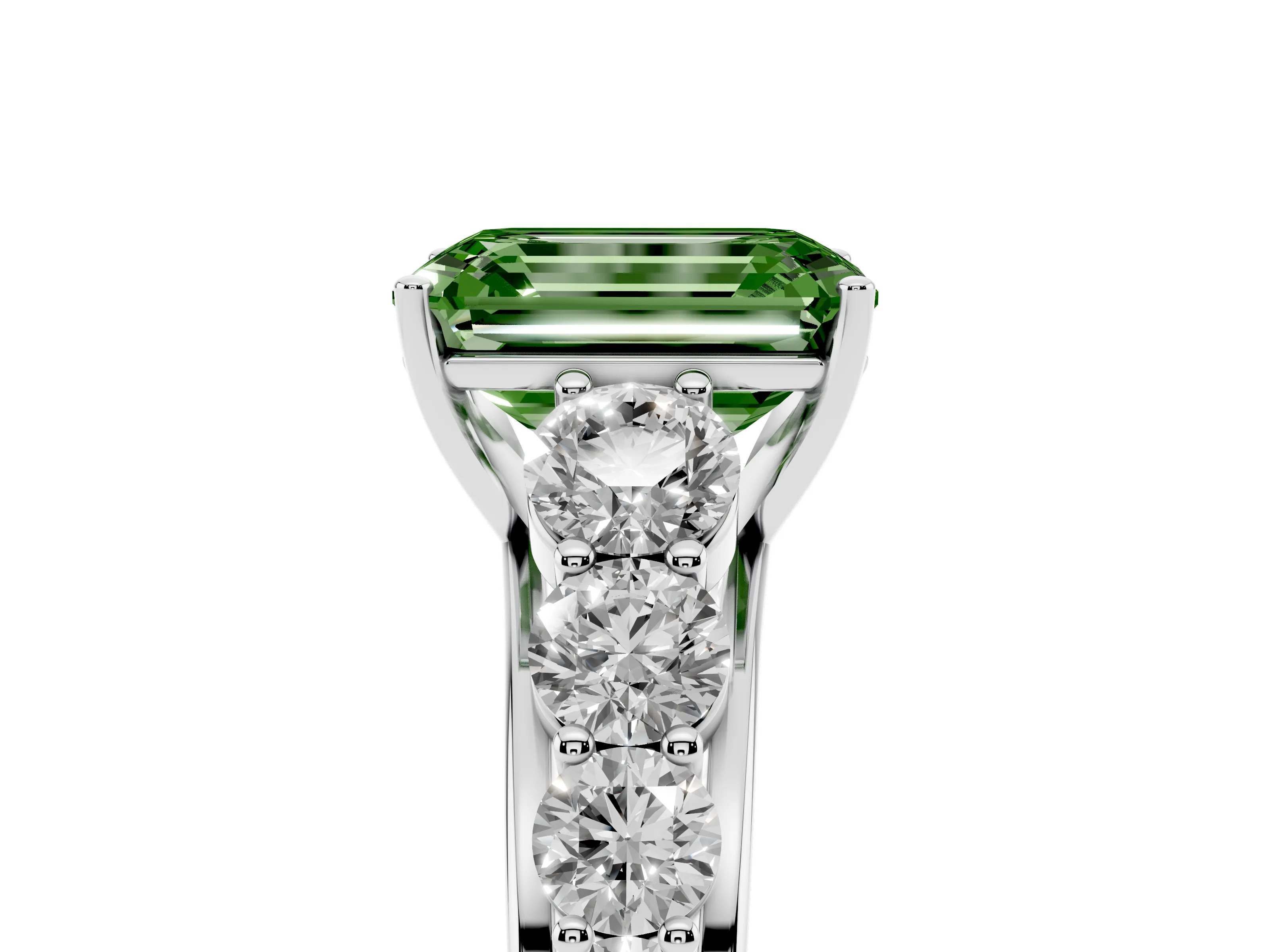 Fancy Green Emerald Cut Diamond Solitaire Ring Set in Platinum with Pavé-Set Band and Prong Setting