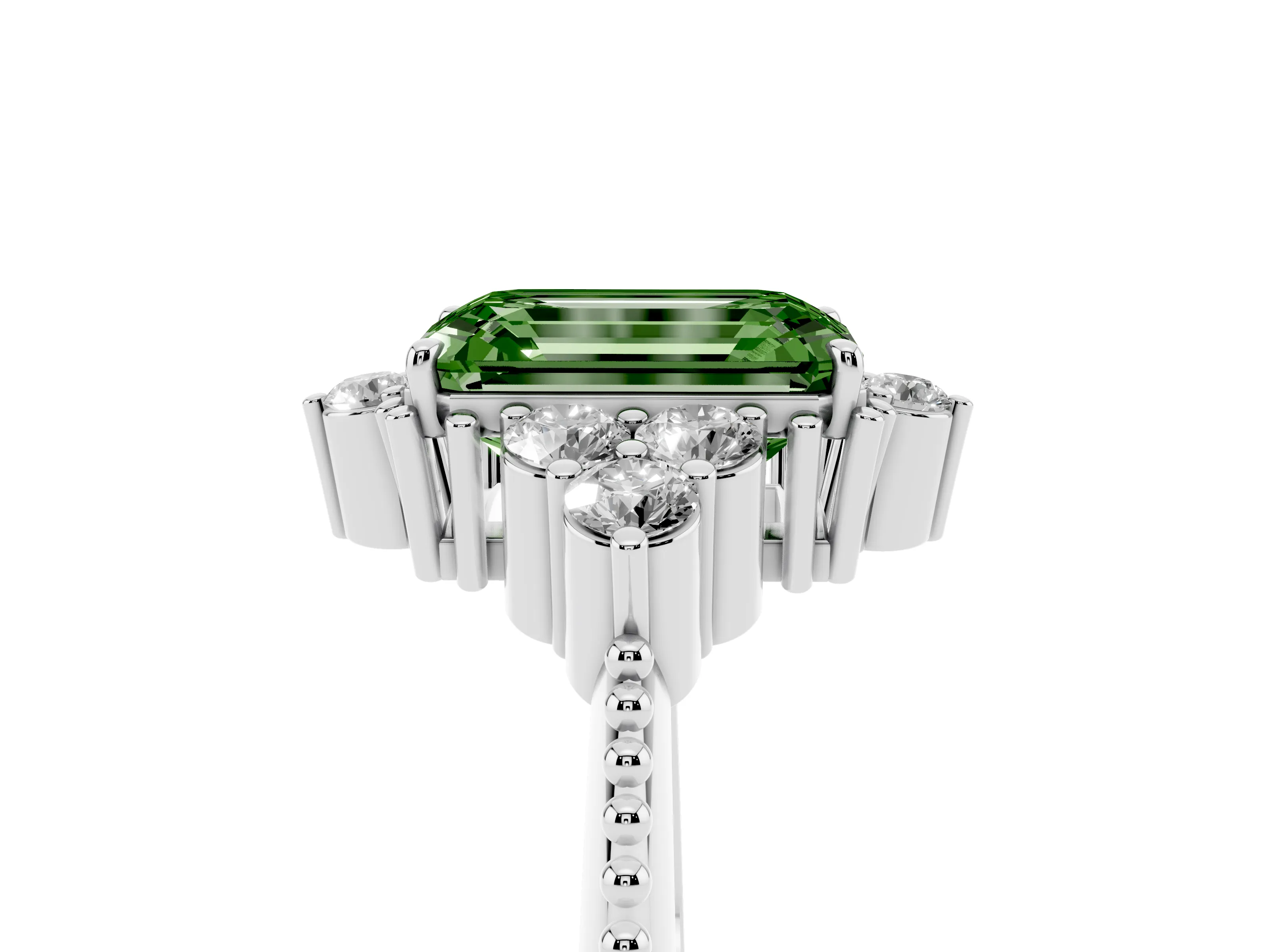 Fancy Green Emerald Cut Diamond Cluster Ring Set in Silver with Beaded Band