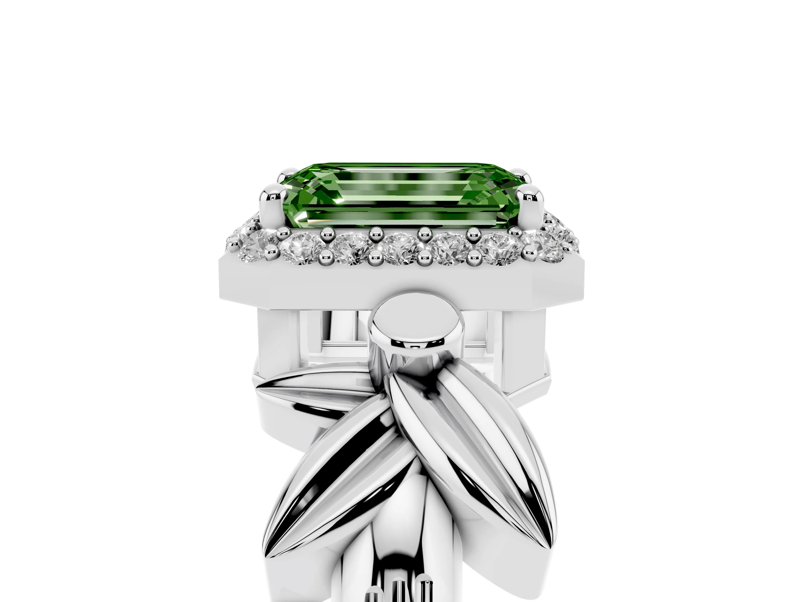 Fancy Green Emerald Cut Diamond Halo Floral Band Ring Set in White gold with Prong Setting