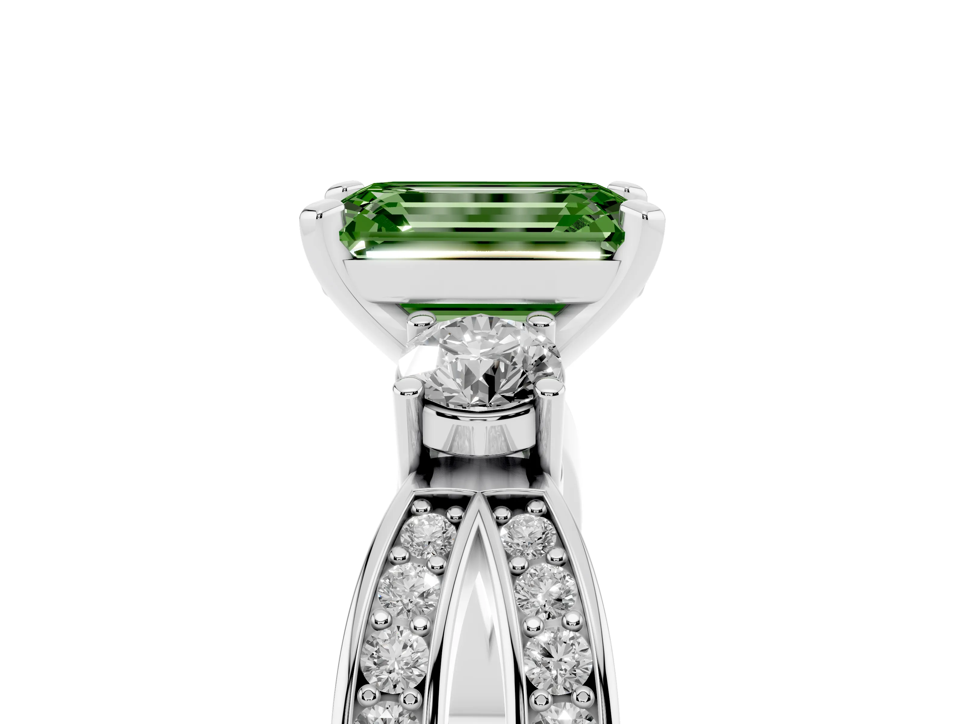 Fancy Green Three-Stone Emerald Cut Diamond Twist Band Ring Set in White gold with Pavé Accents and Prong Setting
