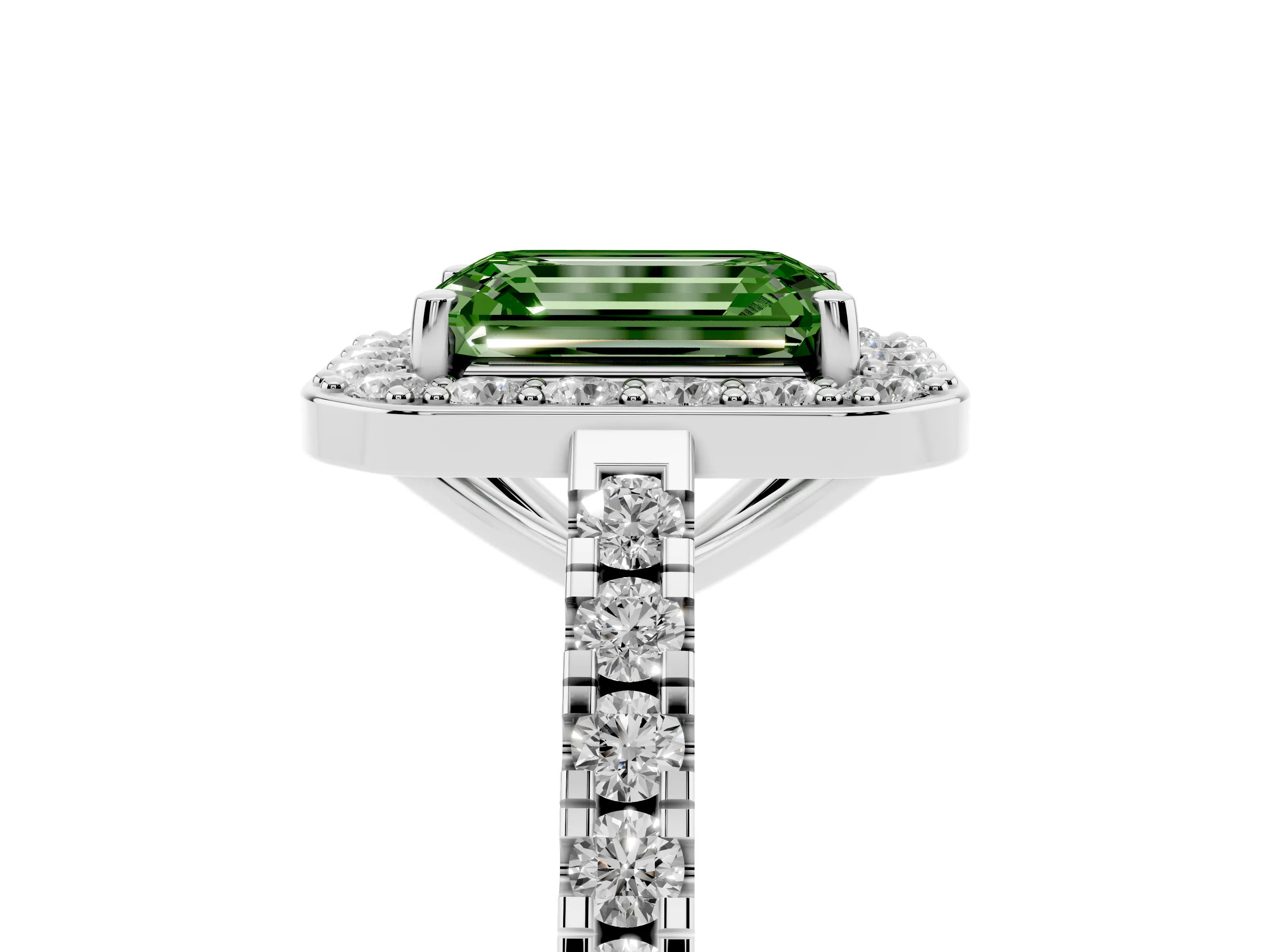 Fancy Green Emerald Cut Diamond Halo Ring Set in White gold with Round Pavé Split Shank and Prong Setting
