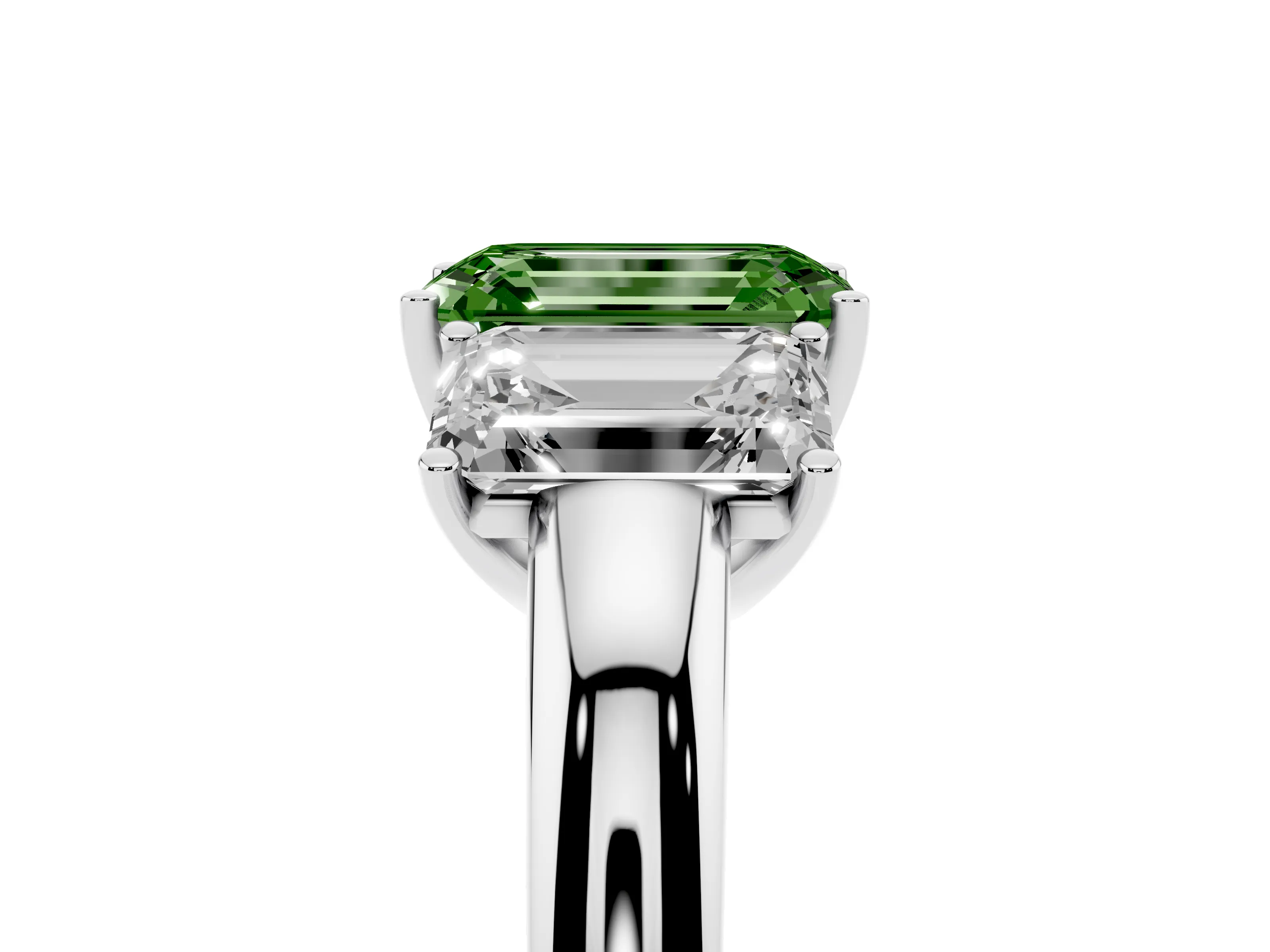 Fancy Green Emerald Cut Diamond Three-Stone Ring Set in Platinum with Bold Center and Classic Band