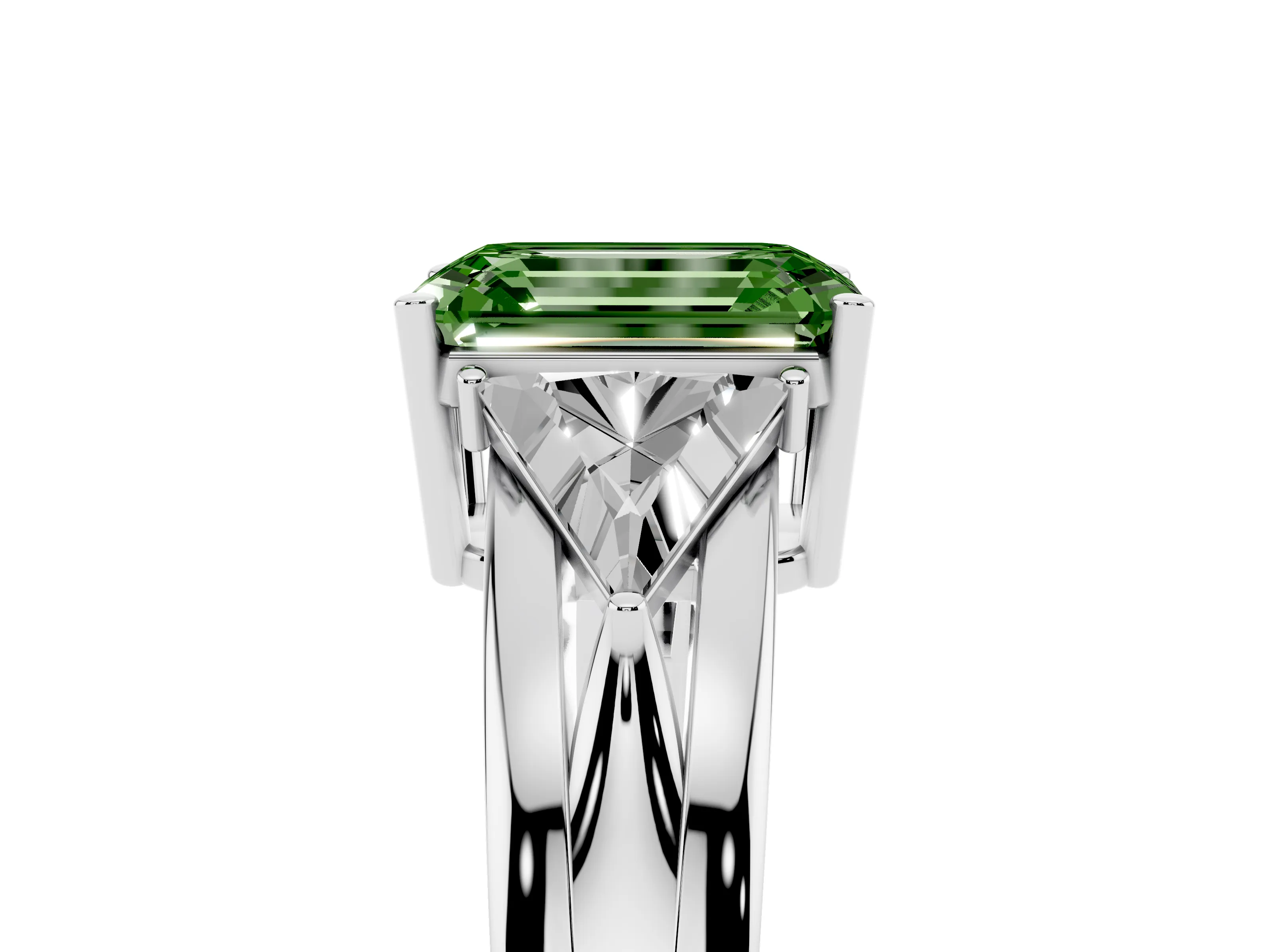 Fancy Green Emerald Cut Diamond Three-Stone Ring Set in Silver with Trillion Side Stones and Split Shank