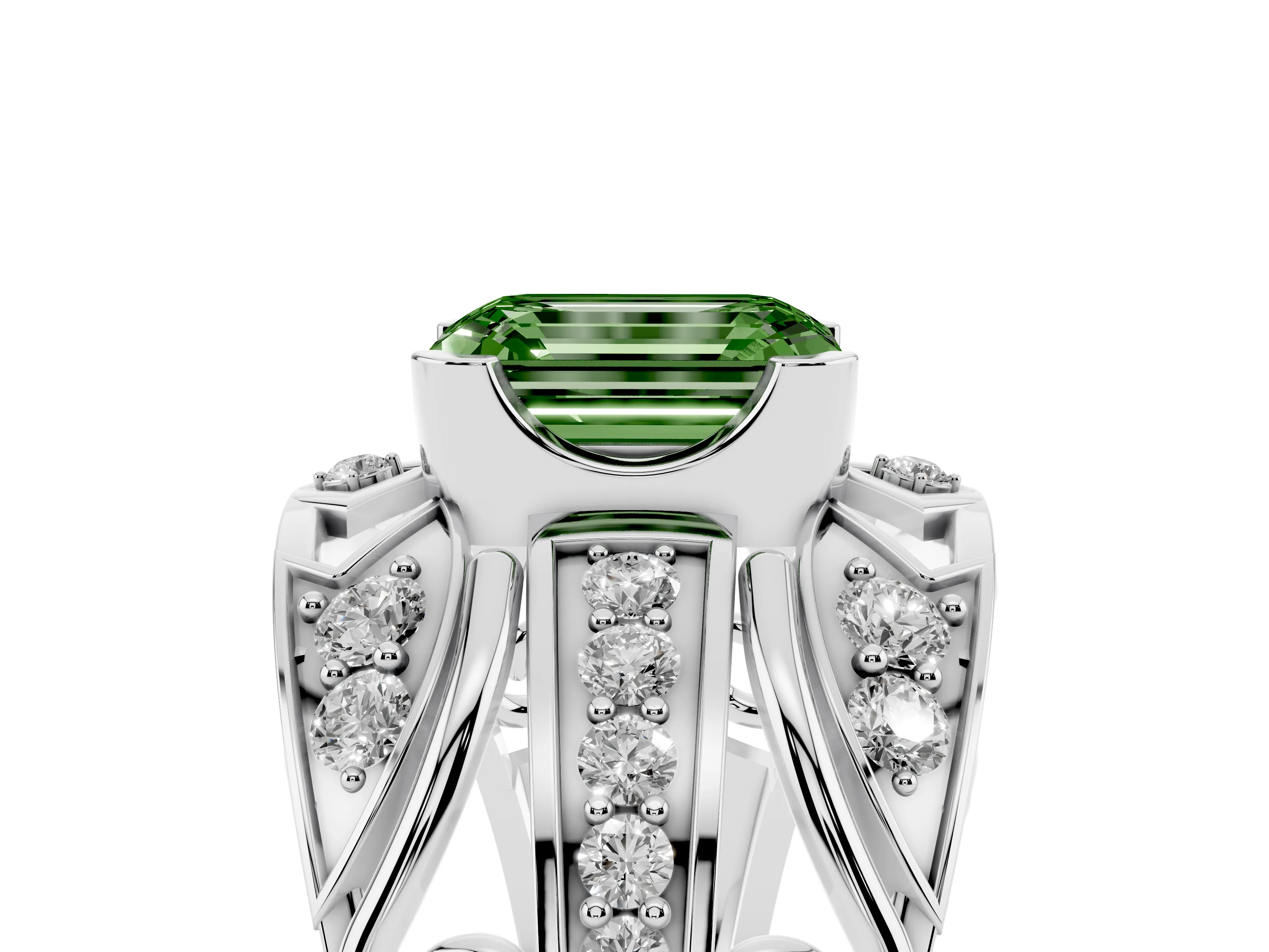 Fancy Green Emerald Cut Diamond Art Deco Ring Set in Platinum with Pavé Split Shank