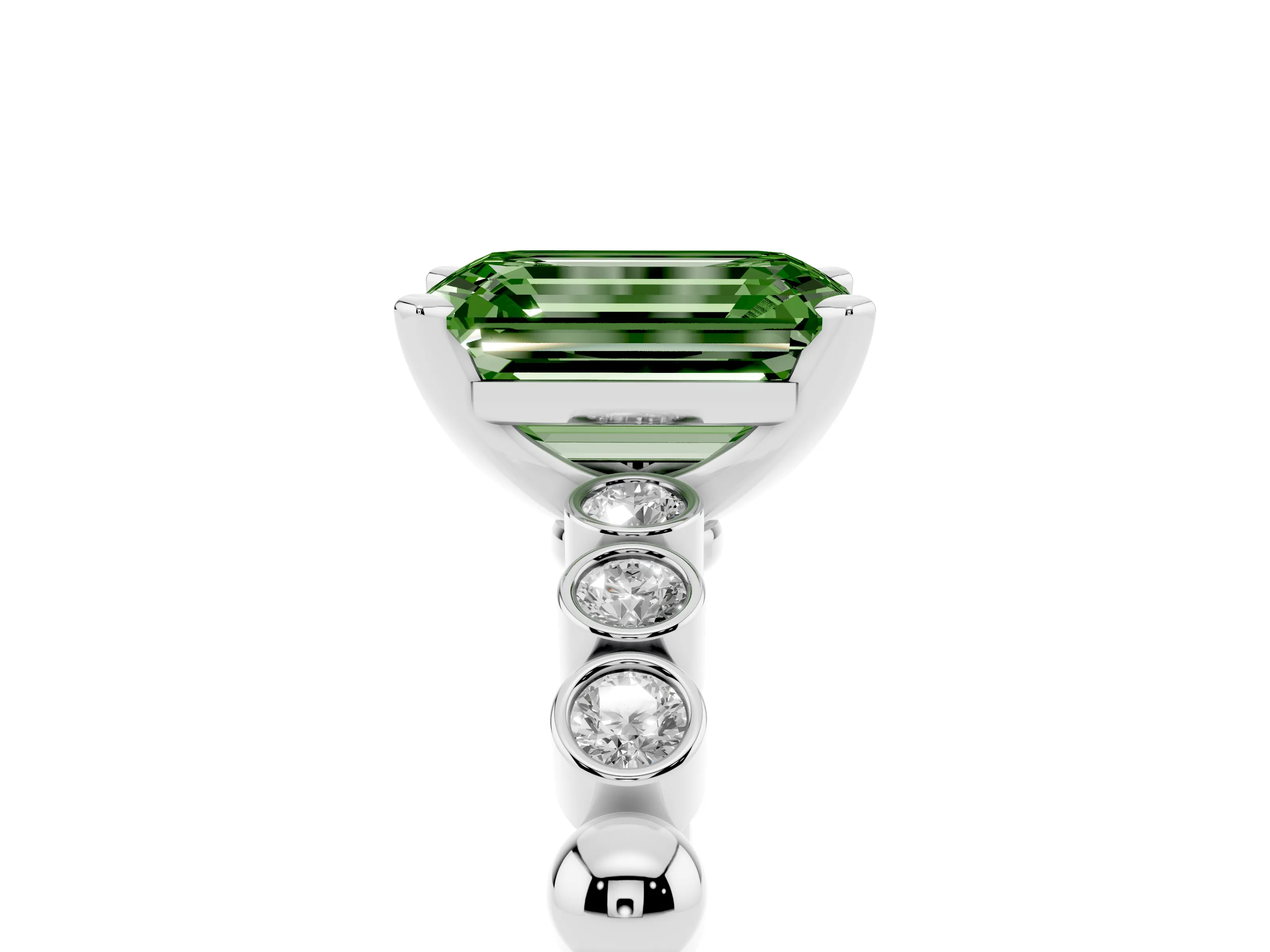 Fancy Green Emerald Cut Diamond Solitaire Engagement Ring Set in Platinum with Bezel Accents on Beaded Band