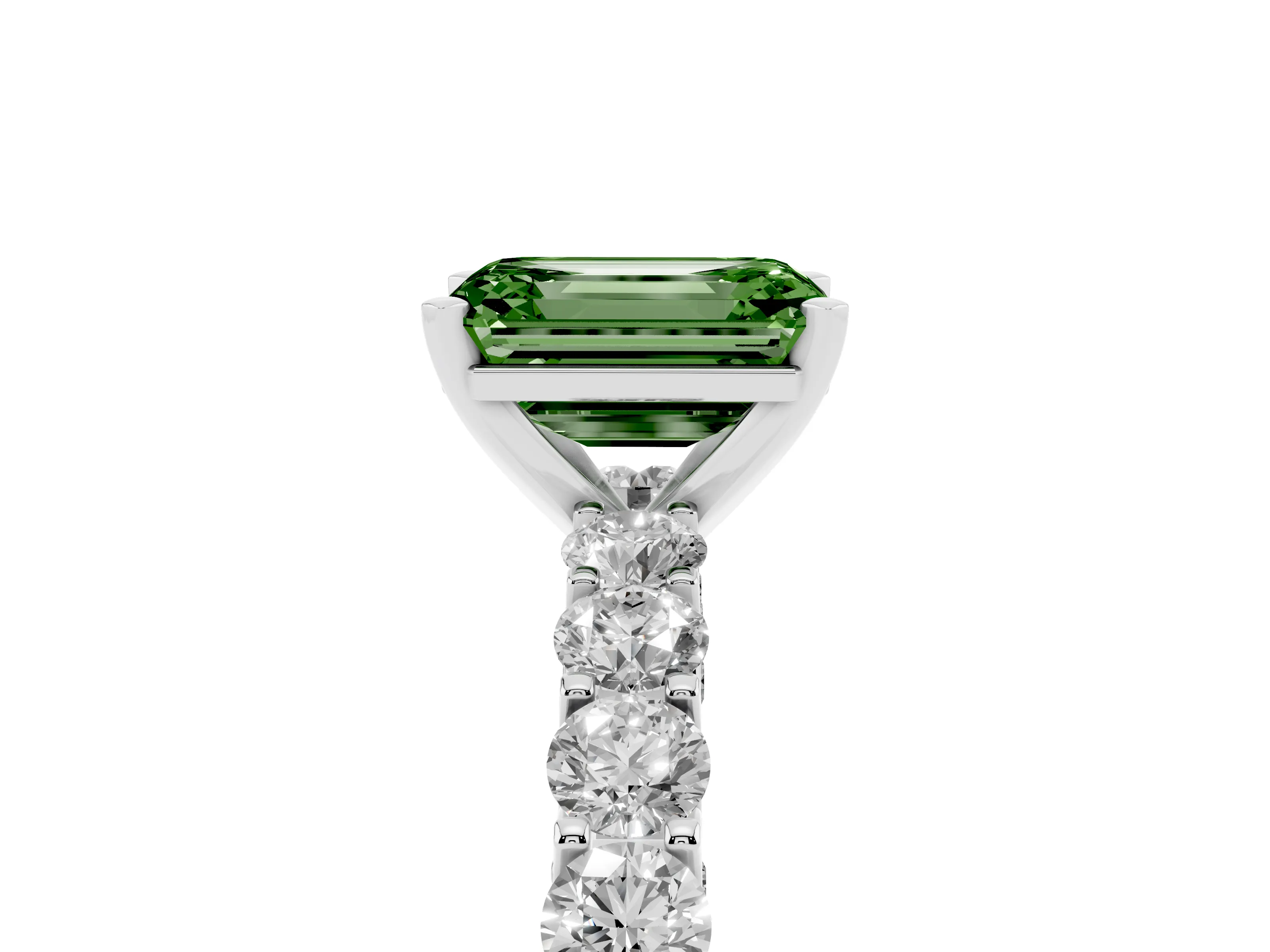 Fancy Green Emerald Cut Diamond Solitaire Ring Set in Silver with Shared Prong Pavé Band