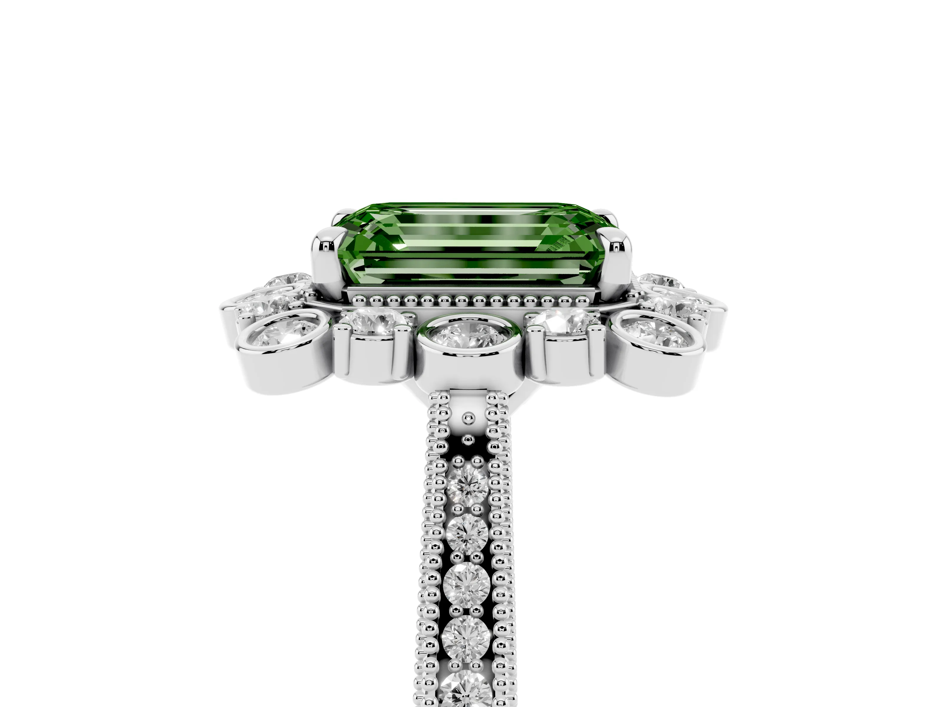 Fancy Green Emerald Cut Diamond Halo Milgrain Pavé Ring Set in White gold with Prong Setting