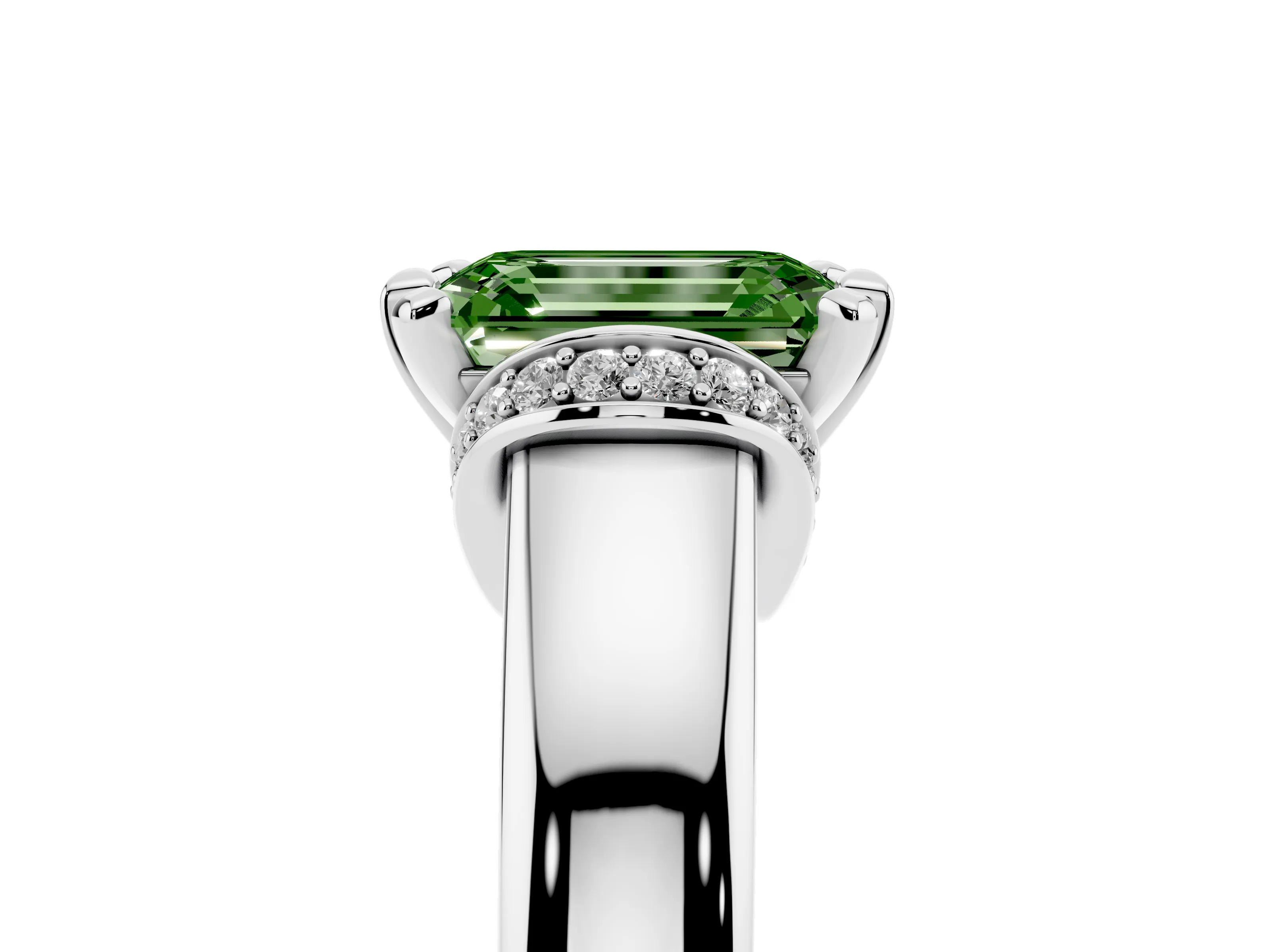 Fancy Green Emerald Cut Diamond Pavé Band Solitaire Ring Set in Platinum with Prong Setting