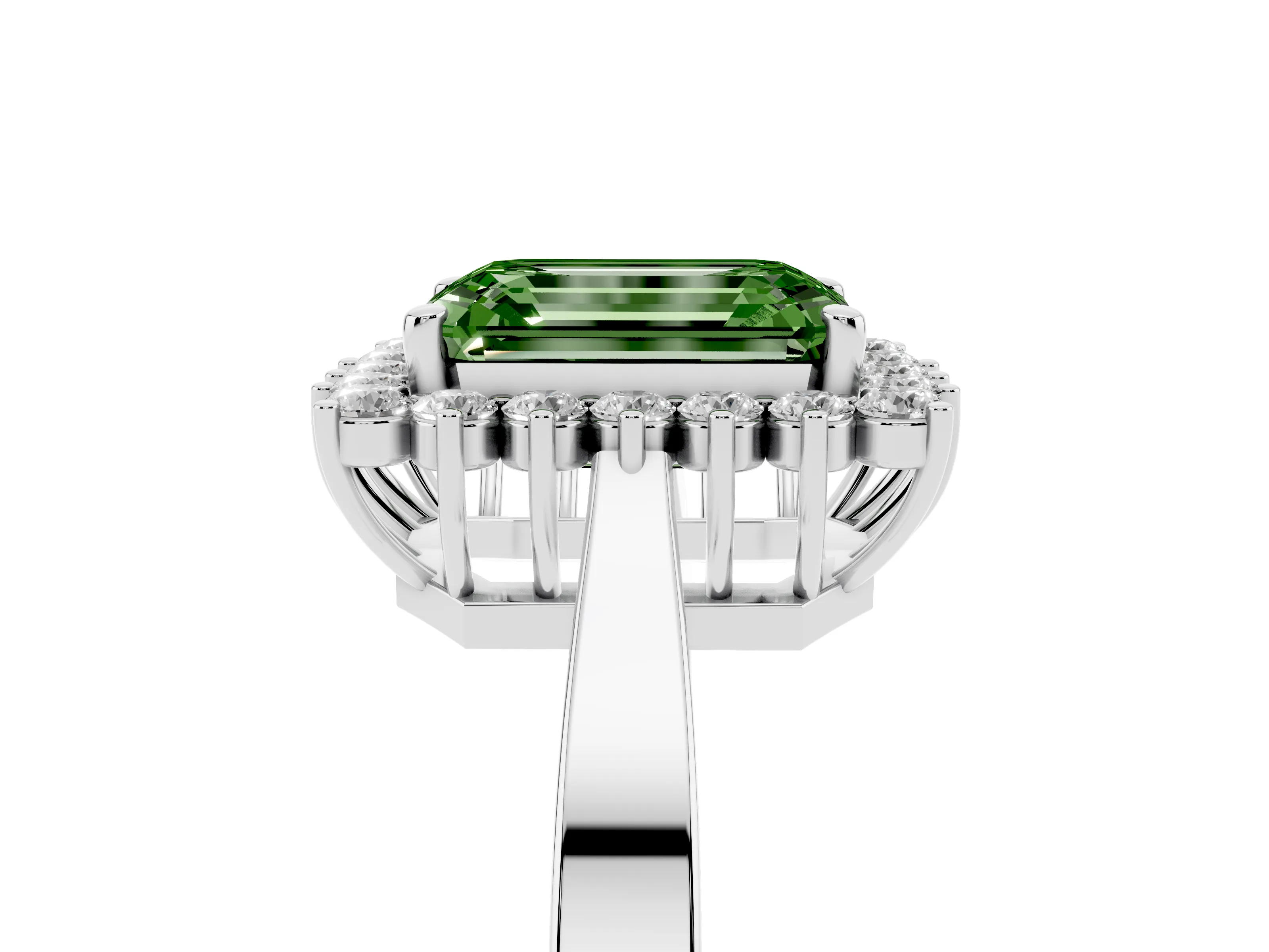 Fancy Green Emerald Cut Diamond Halo Ring Set in Platinum with Round Halo and Smooth Solitaire Band