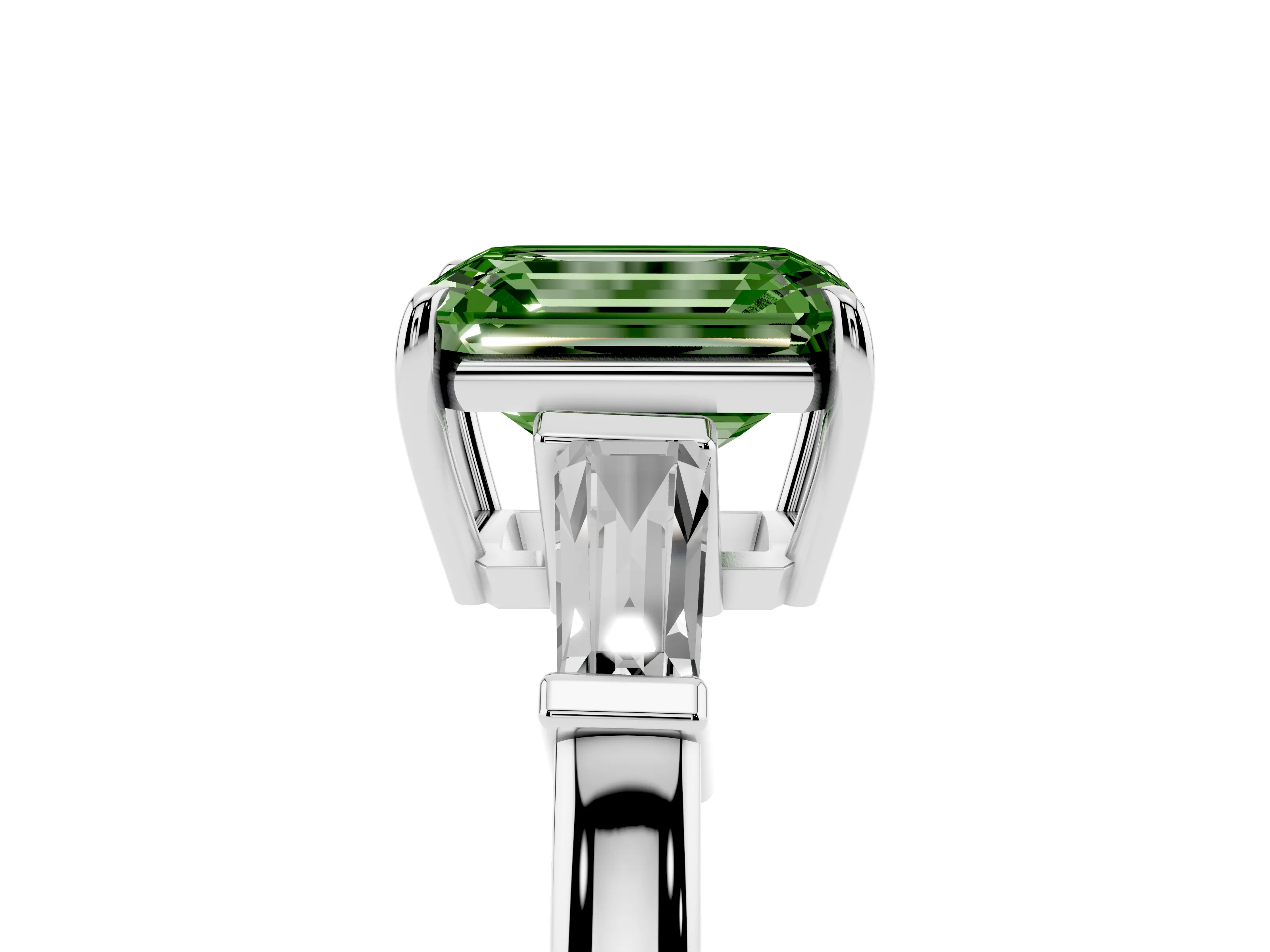 Fancy Green Emerald Cut Diamond Three-Stone Ring Set in Platinum with Tapered Baguette Side Stones and Prong Setting