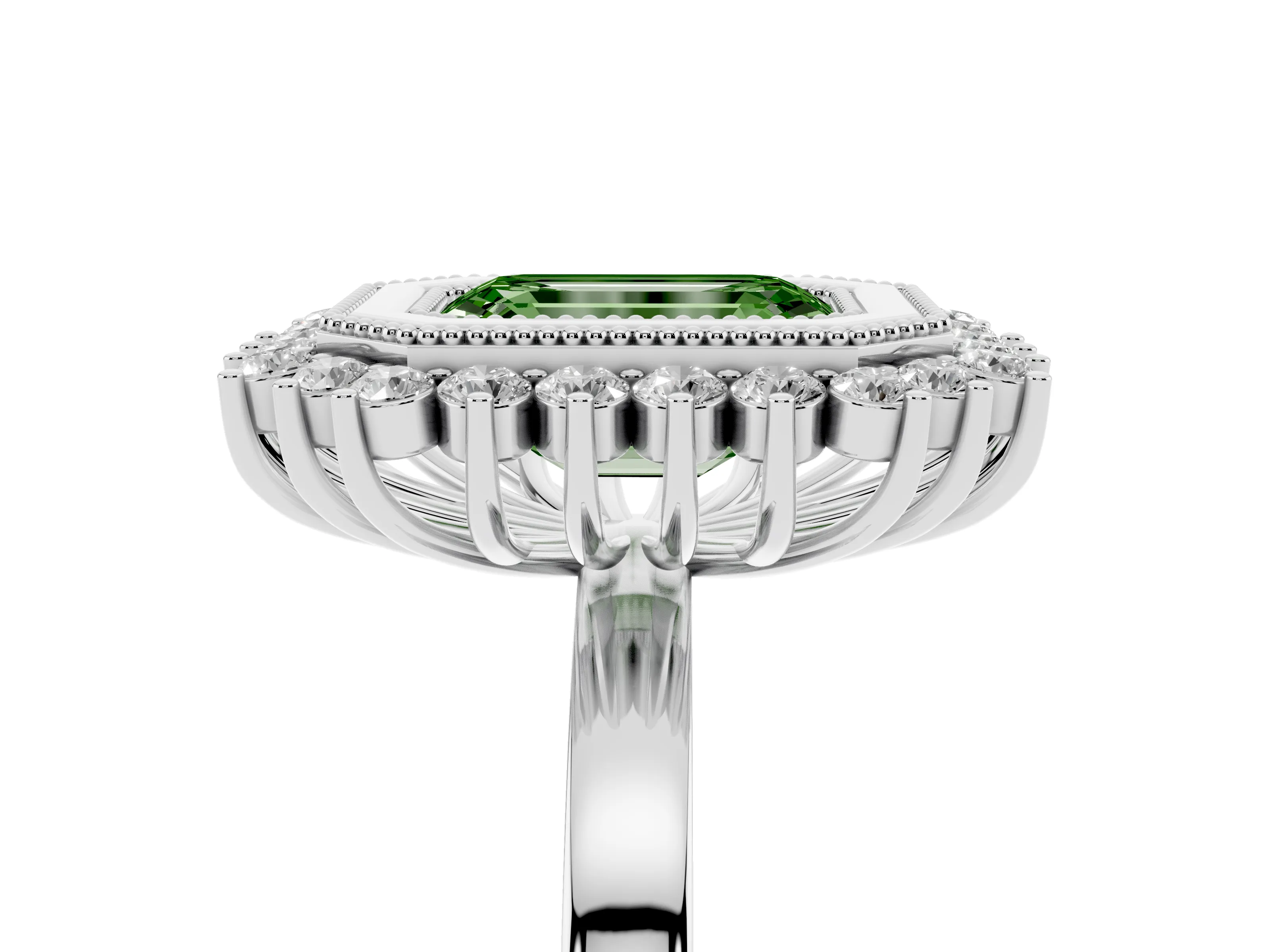 Fancy Green Emerald Cut Diamond Halo Ring Set in Silver with Milgrain Edge and Round Prong Setting