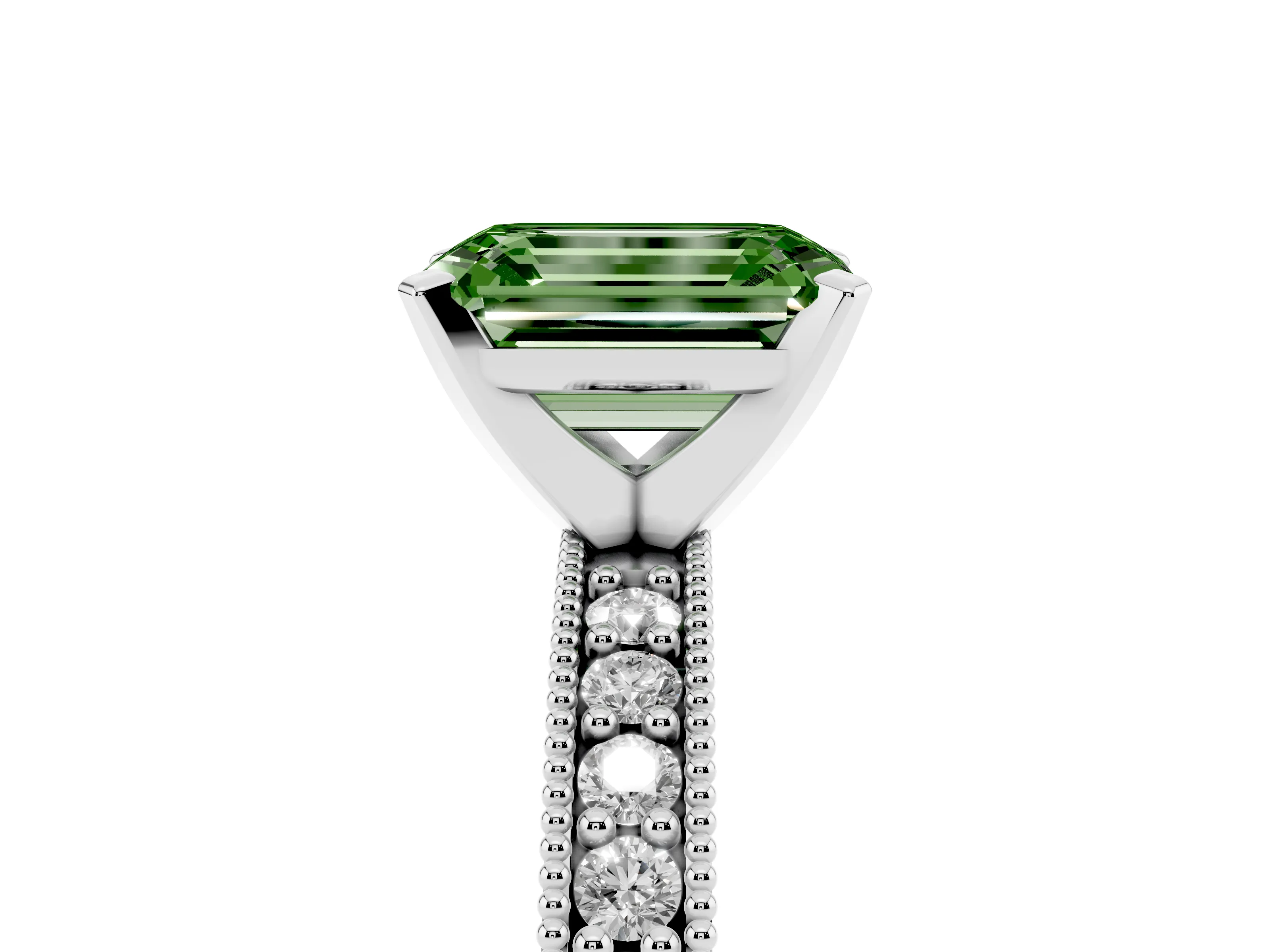 Fancy Green Emerald Cut Diamond Milgrain Pavé Engagement Ring Set in White gold with Prong Setting