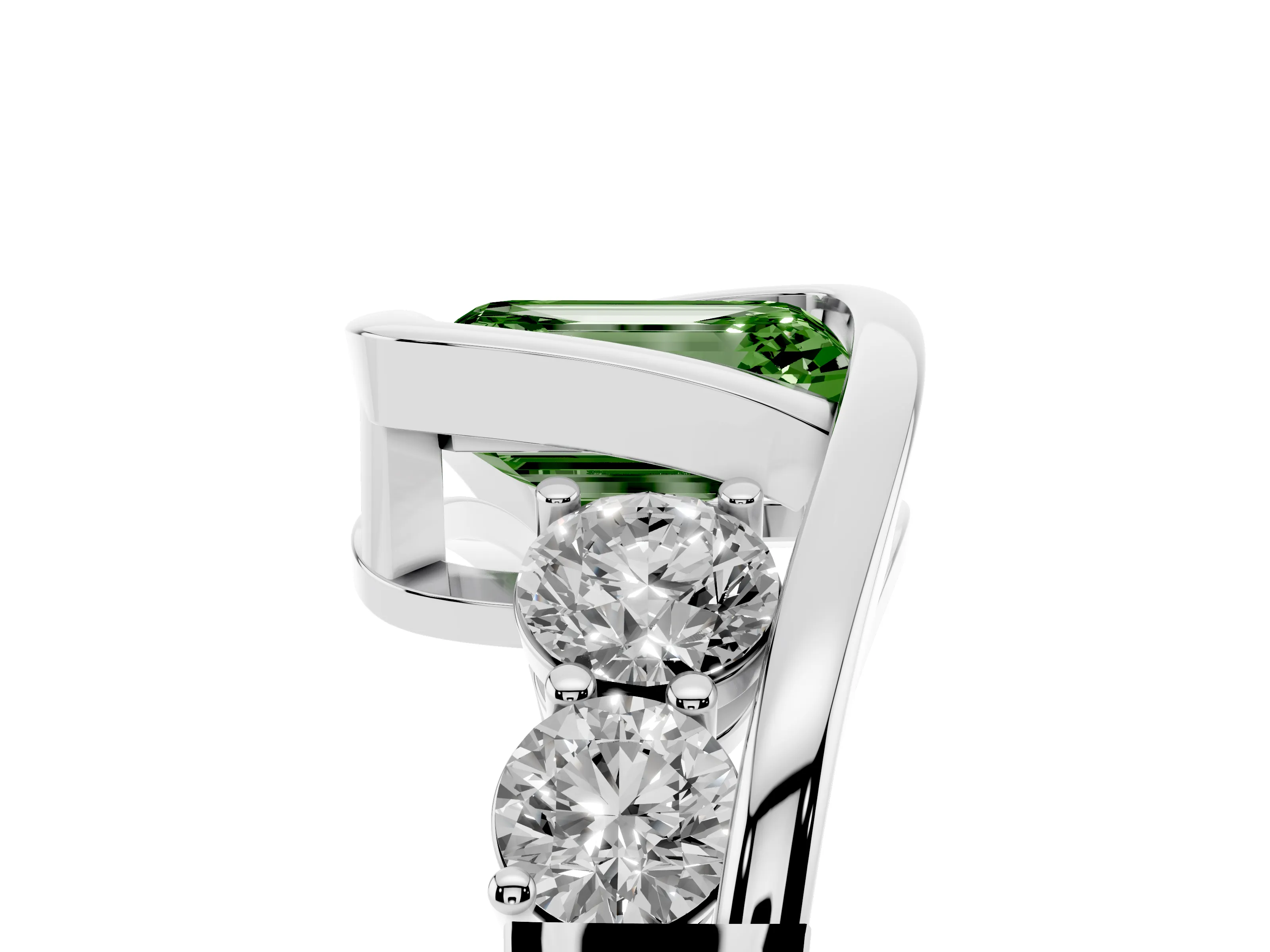 Fancy Green Emerald Cut Diamond Bezel Bypass Ring Set in Silver with Round Accents