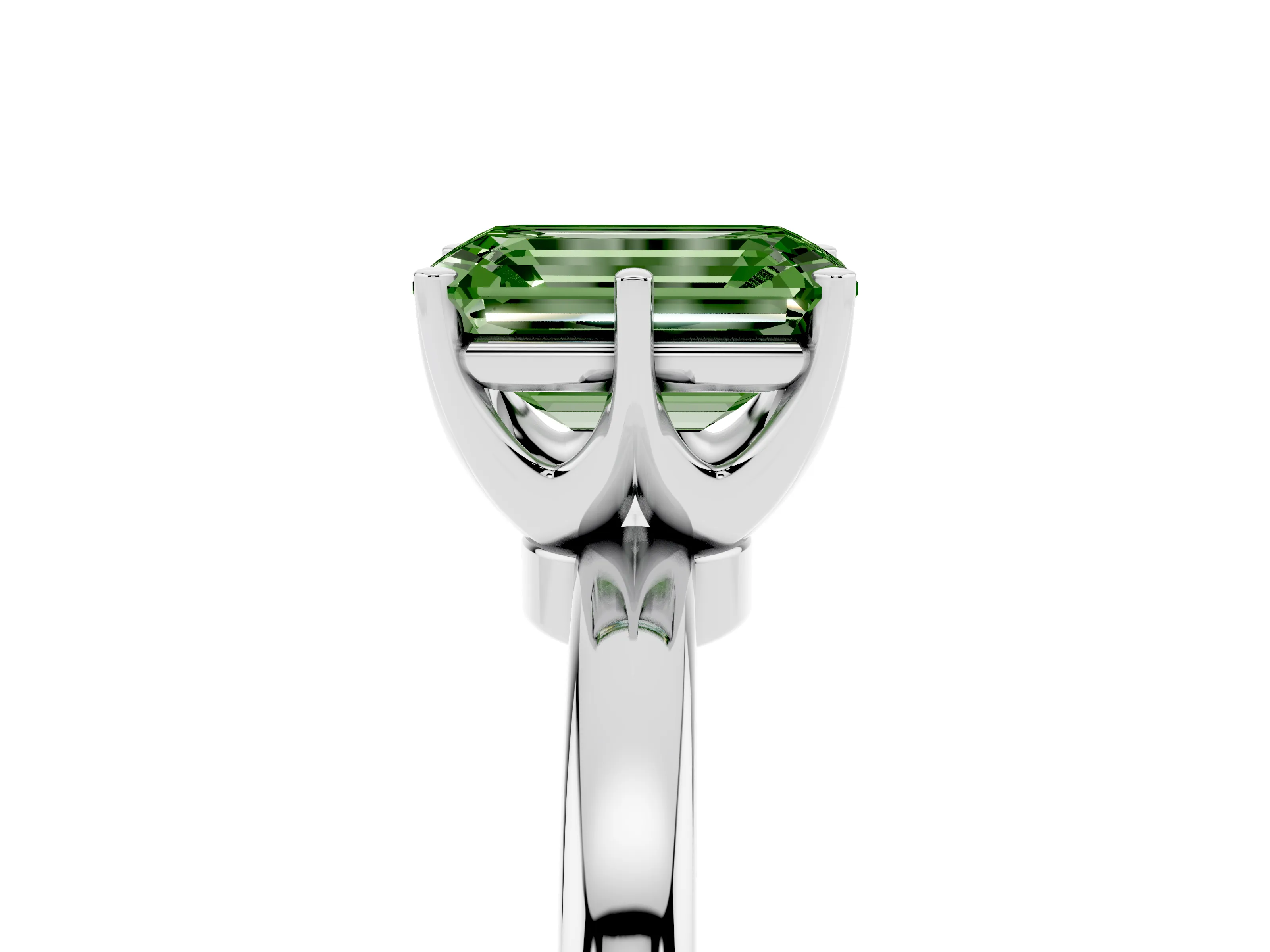 Fancy Green Emerald Cut Diamond Solitaire Ring Set in Silver with Raised Prong Setting on a Classic Band