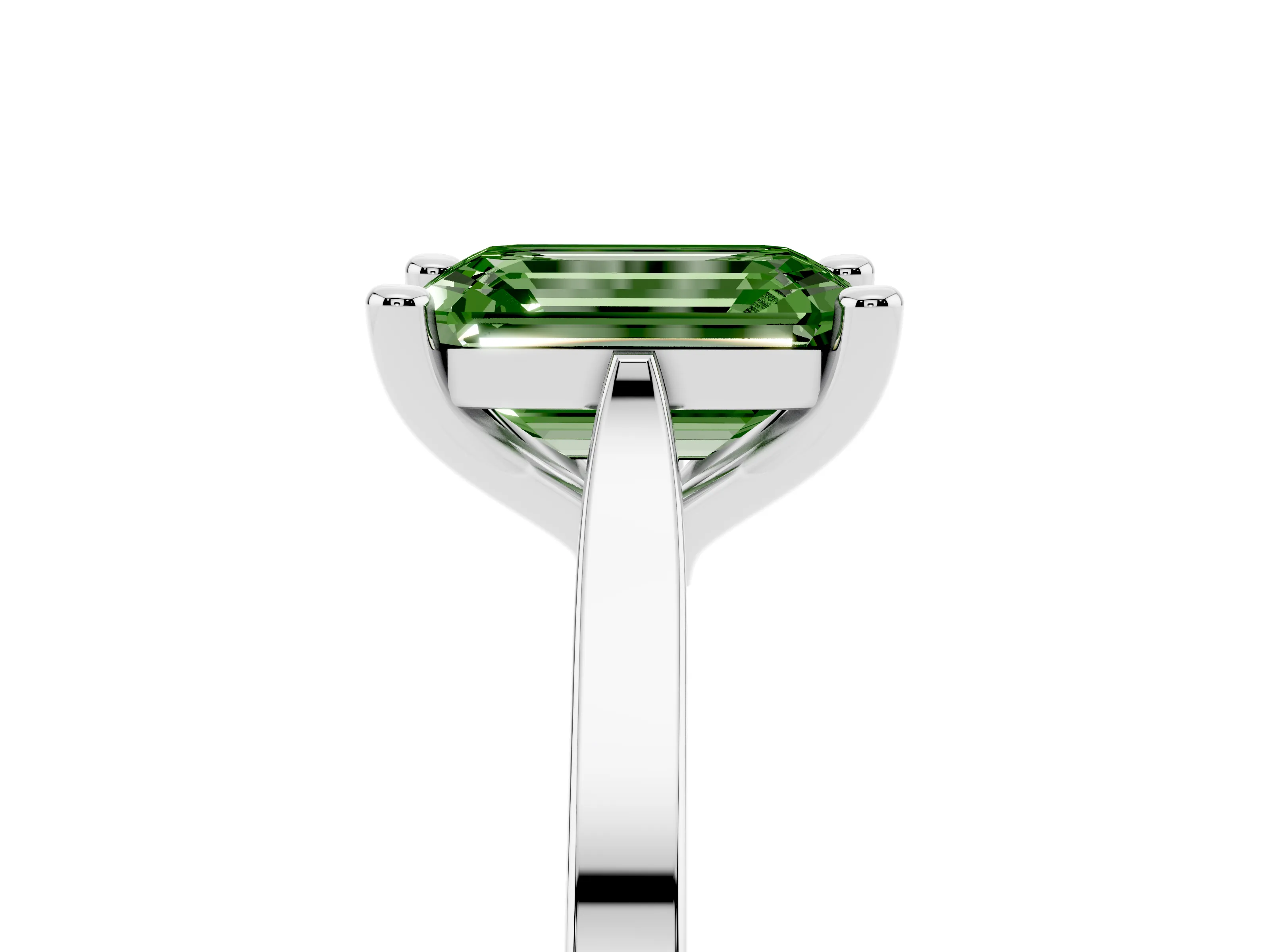 Fancy Green Emerald Cut Diamond Solitaire Ring Set in Silver with Prong Setting and Tapered Band