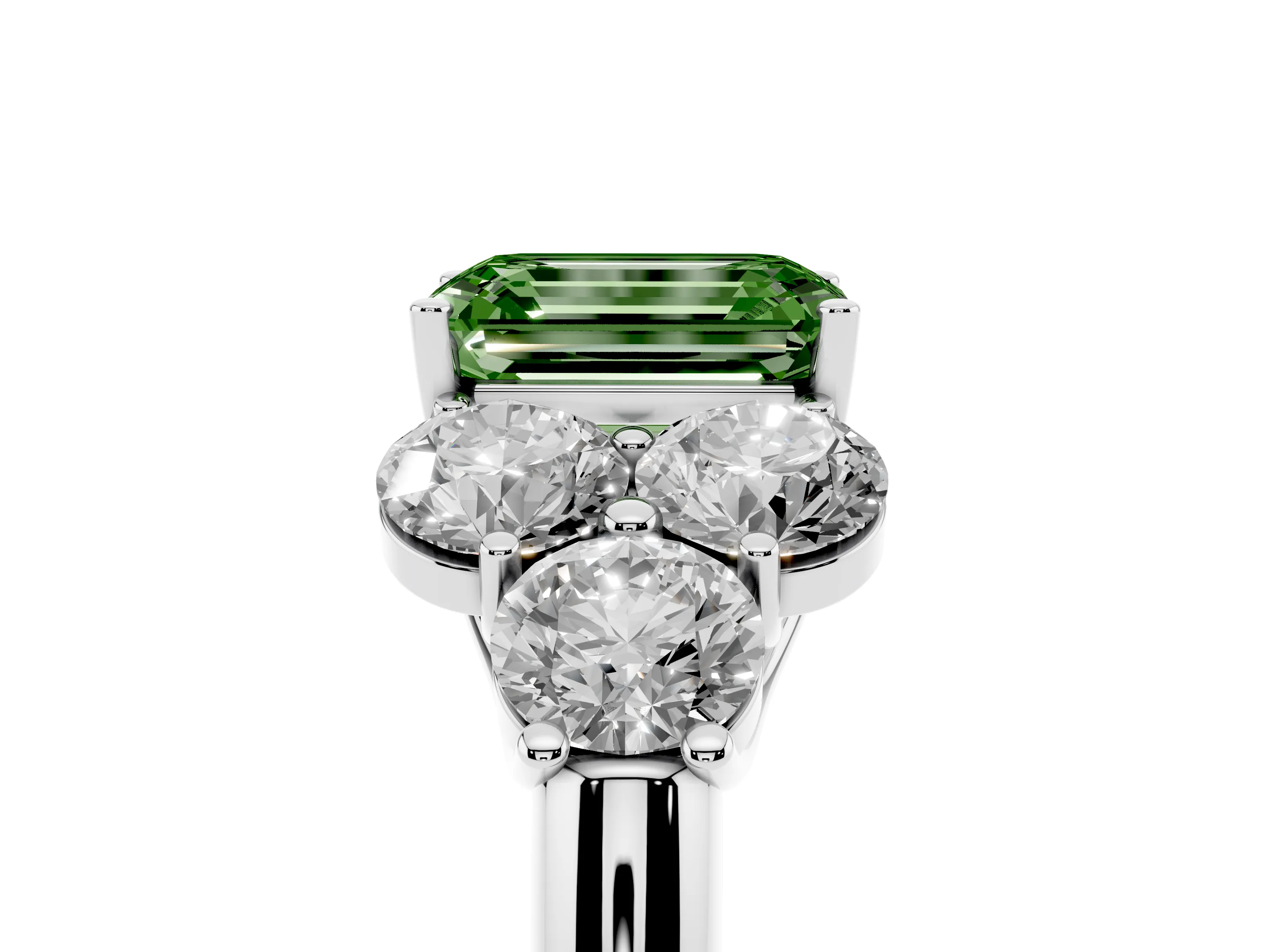 Fancy Green Emerald Cut Diamond Cluster Ring Set in Silver with Round Accent Stones and Prong Setting on a Plain Band