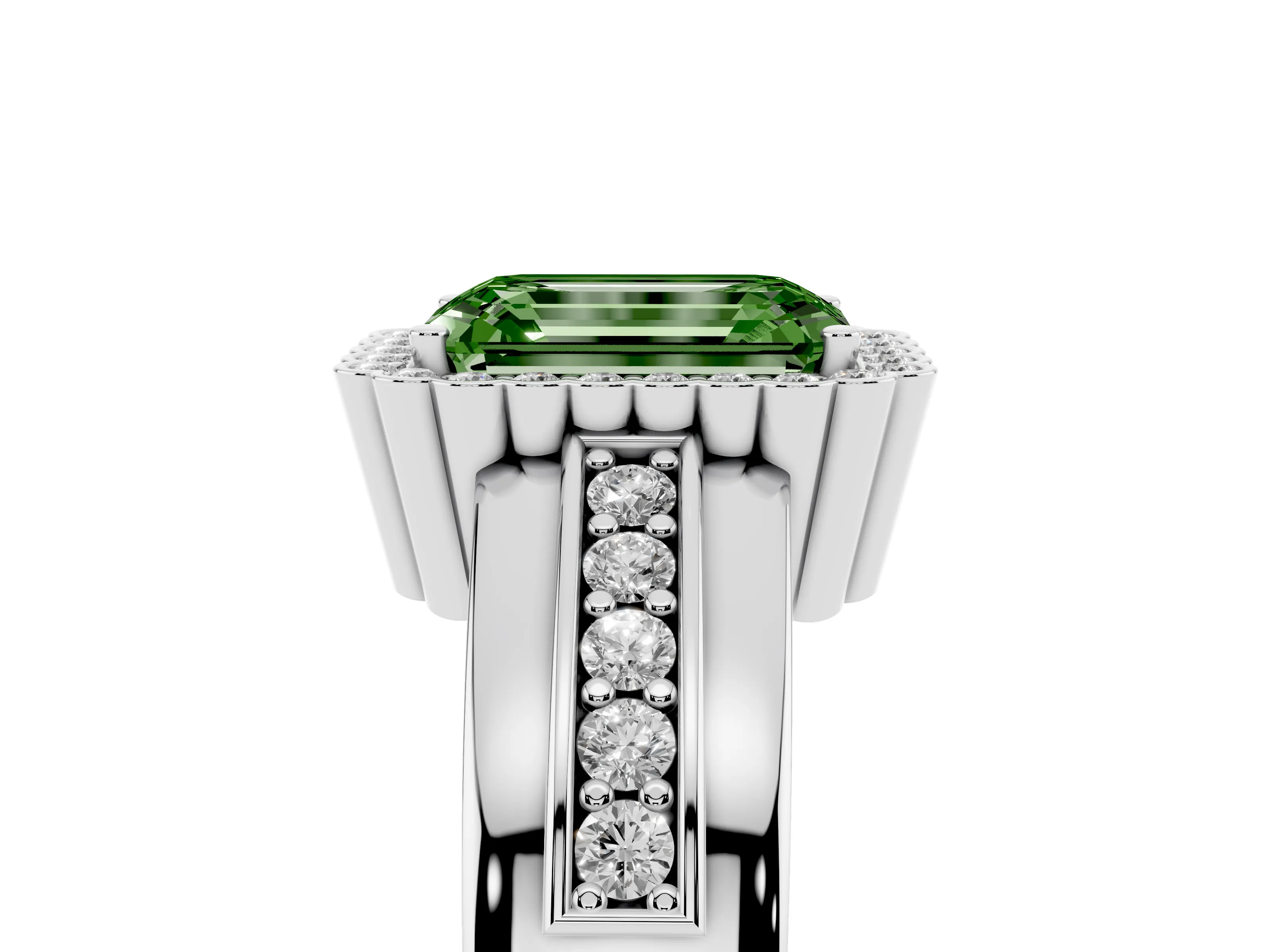Fancy Green Emerald Cut Diamond Halo Prong Ring Set in Silver with Pavé Band