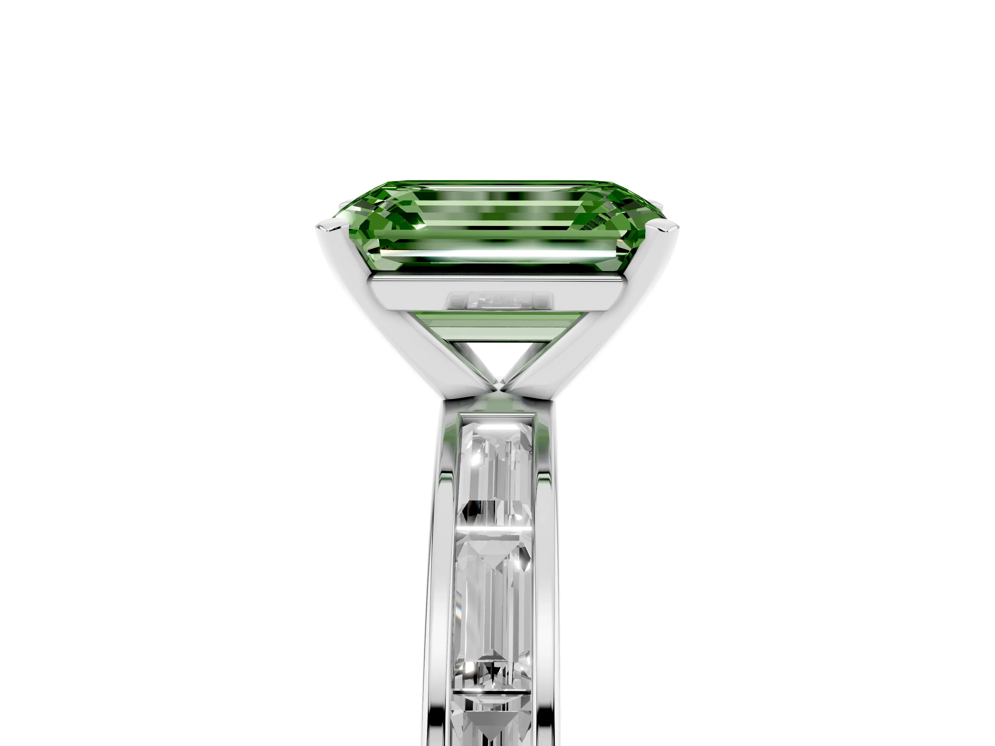 Fancy Green Emerald Cut Diamond Solitaire Ring Set in Platinum with Channel-Set Baguette Band and Prong Setting