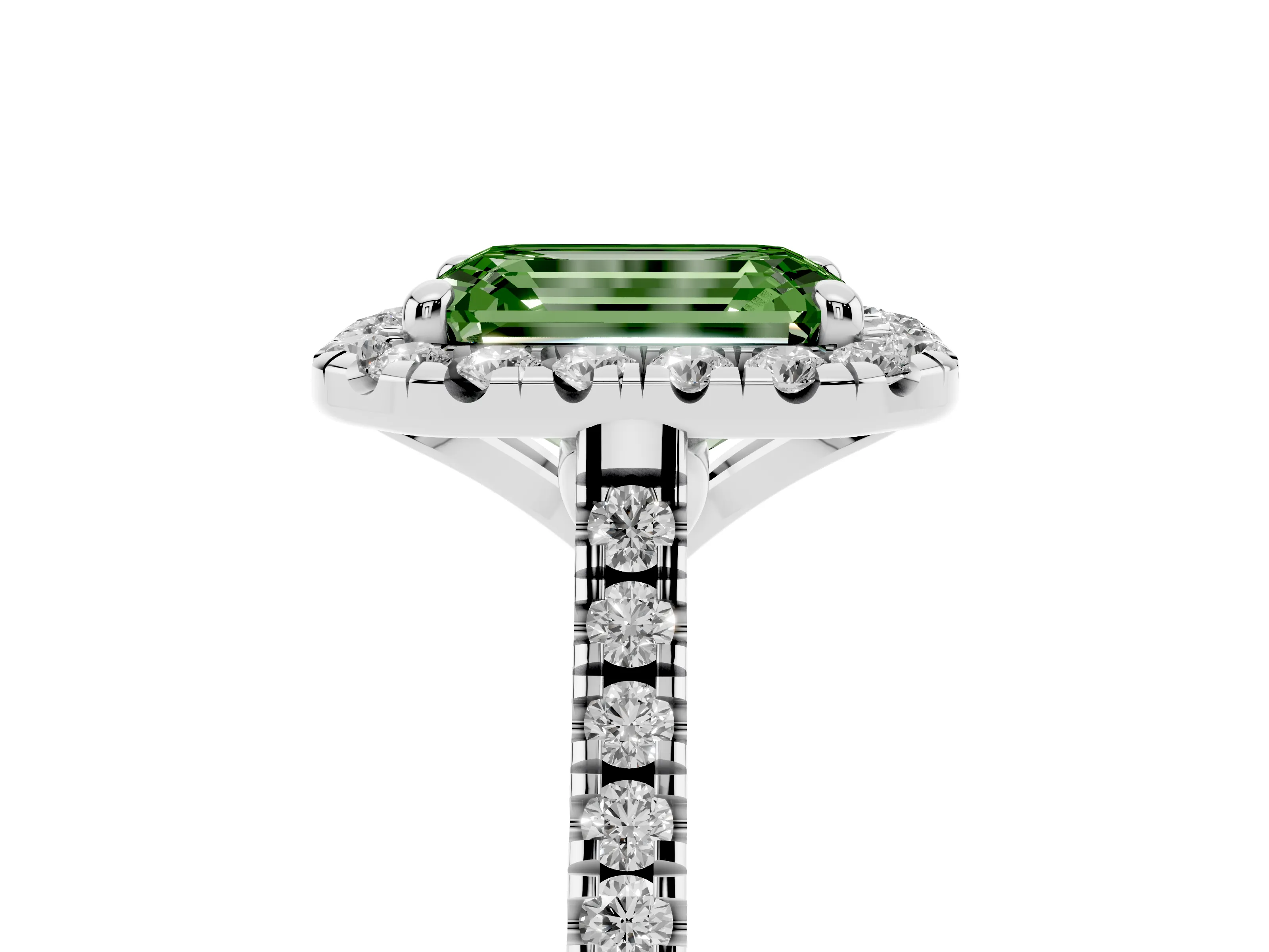 Fancy Green Emerald Cut Diamond Cushion Halo Ring Set in White gold with Pavé Band