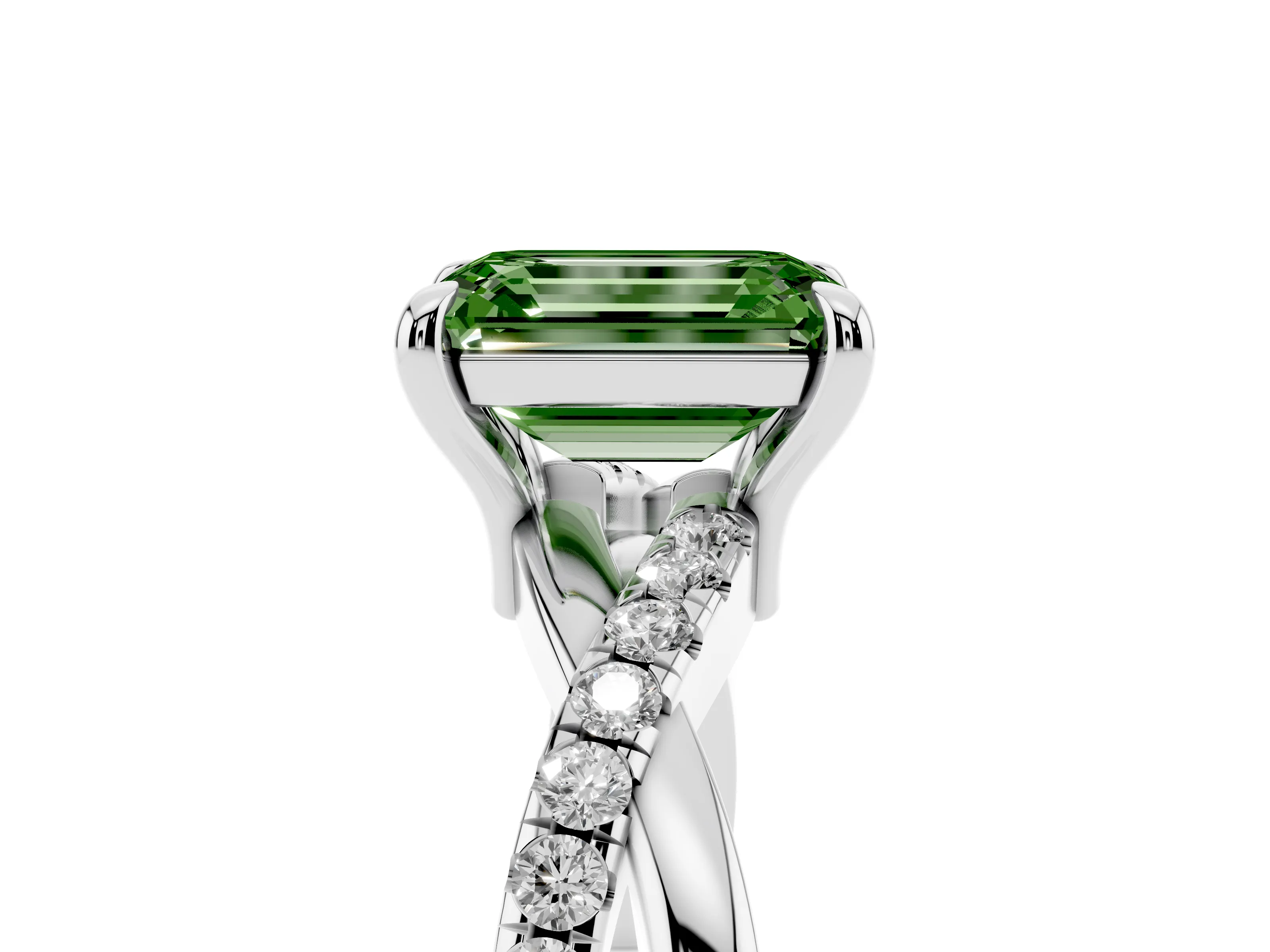 Fancy Green Emerald Cut Diamond Twist Band Solitaire Set in Platinum with Pavé Accents and Prong Setting