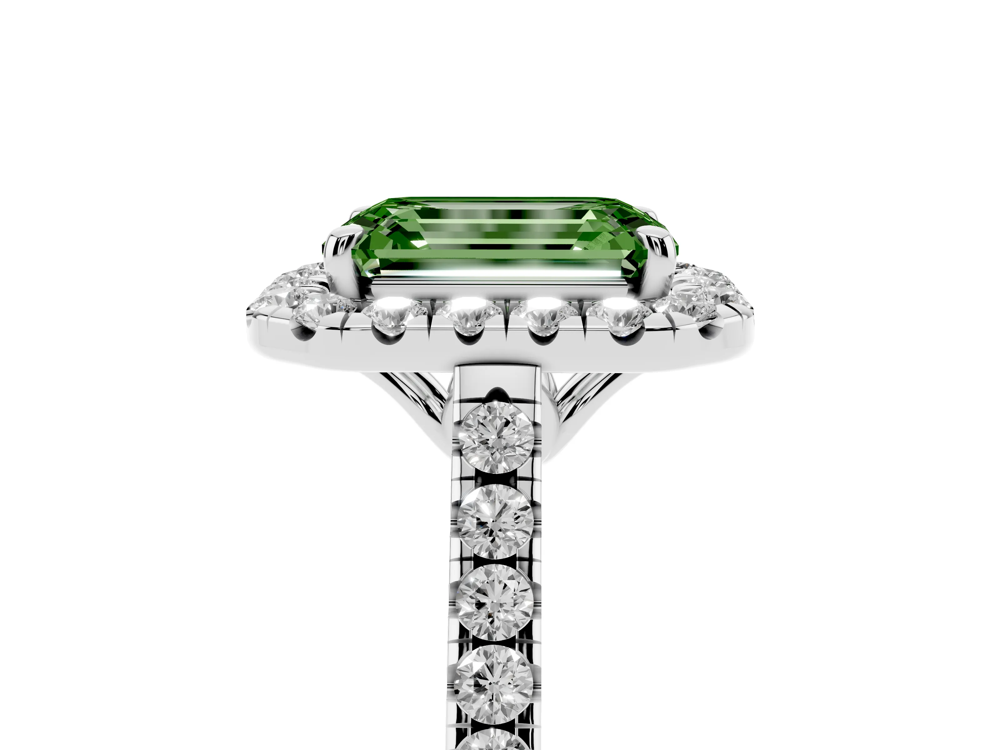 Fancy Green Emerald Cut Diamond Pavé Halo Engagement Ring Set in Platinum with Pavé Band and Prong Setting