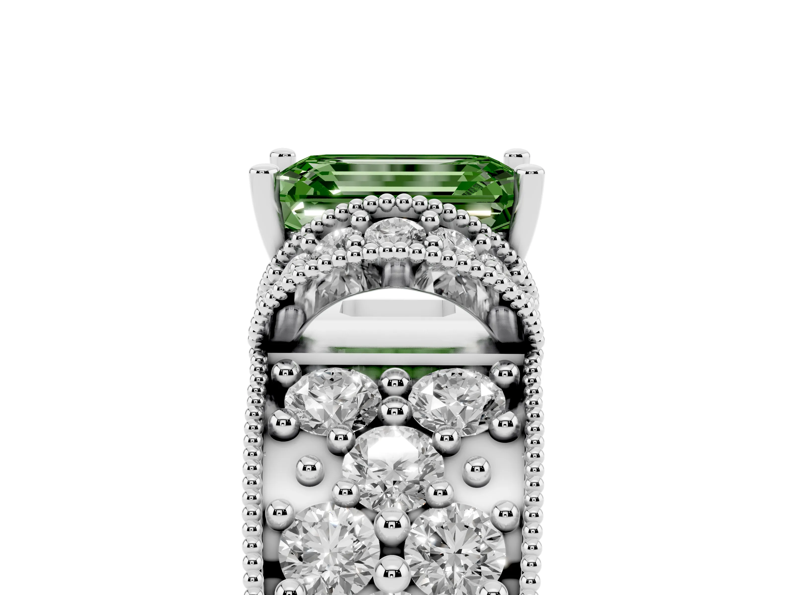 Fancy Green Emerald Cut Diamond Milgrain Halo Pavé Engagement Ring Set in Silver with Prong Setting