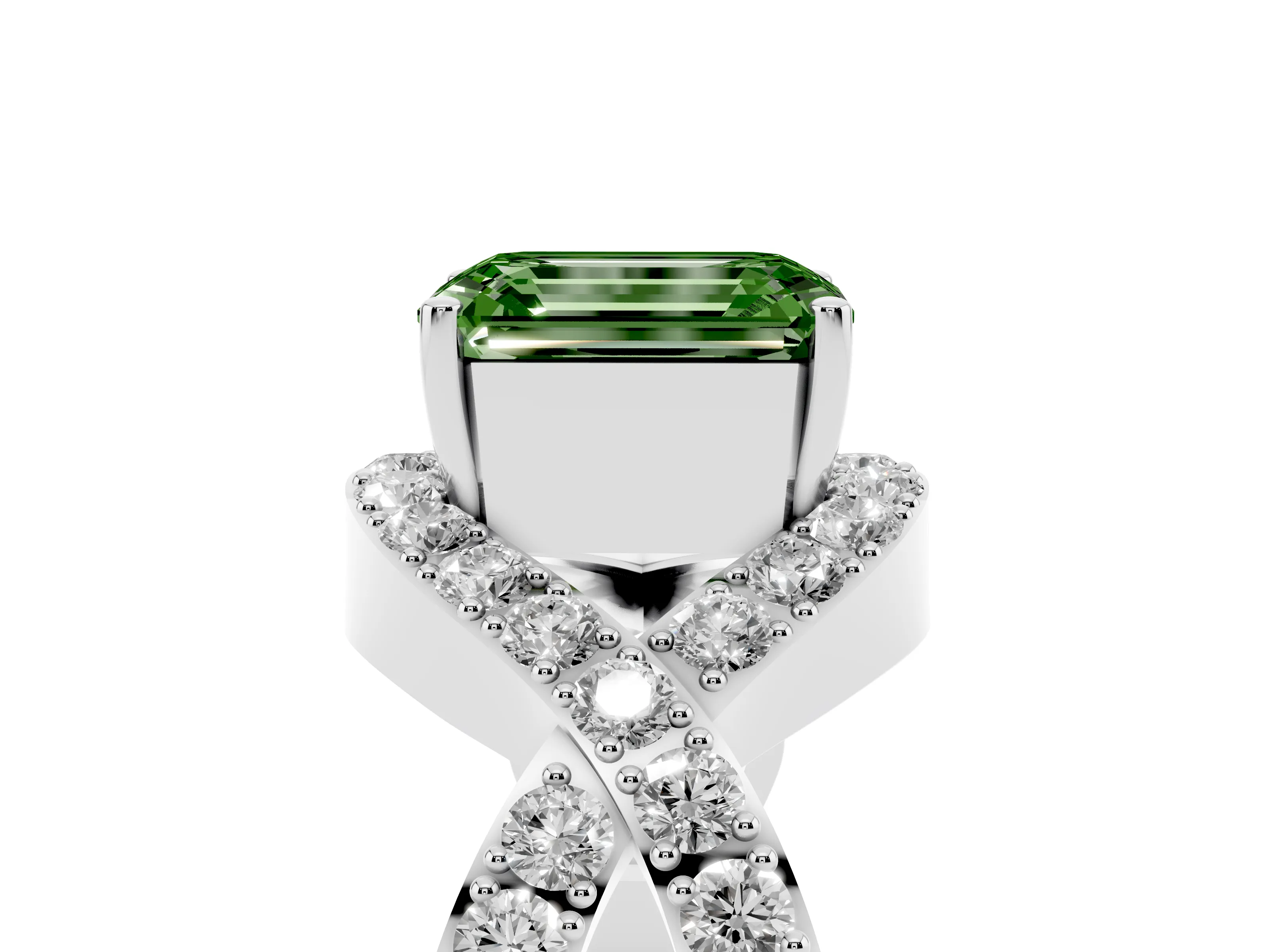 Fancy Green Emerald Cut Diamond Solitaire Twist Band Pavé Engagement Ring Set in White gold