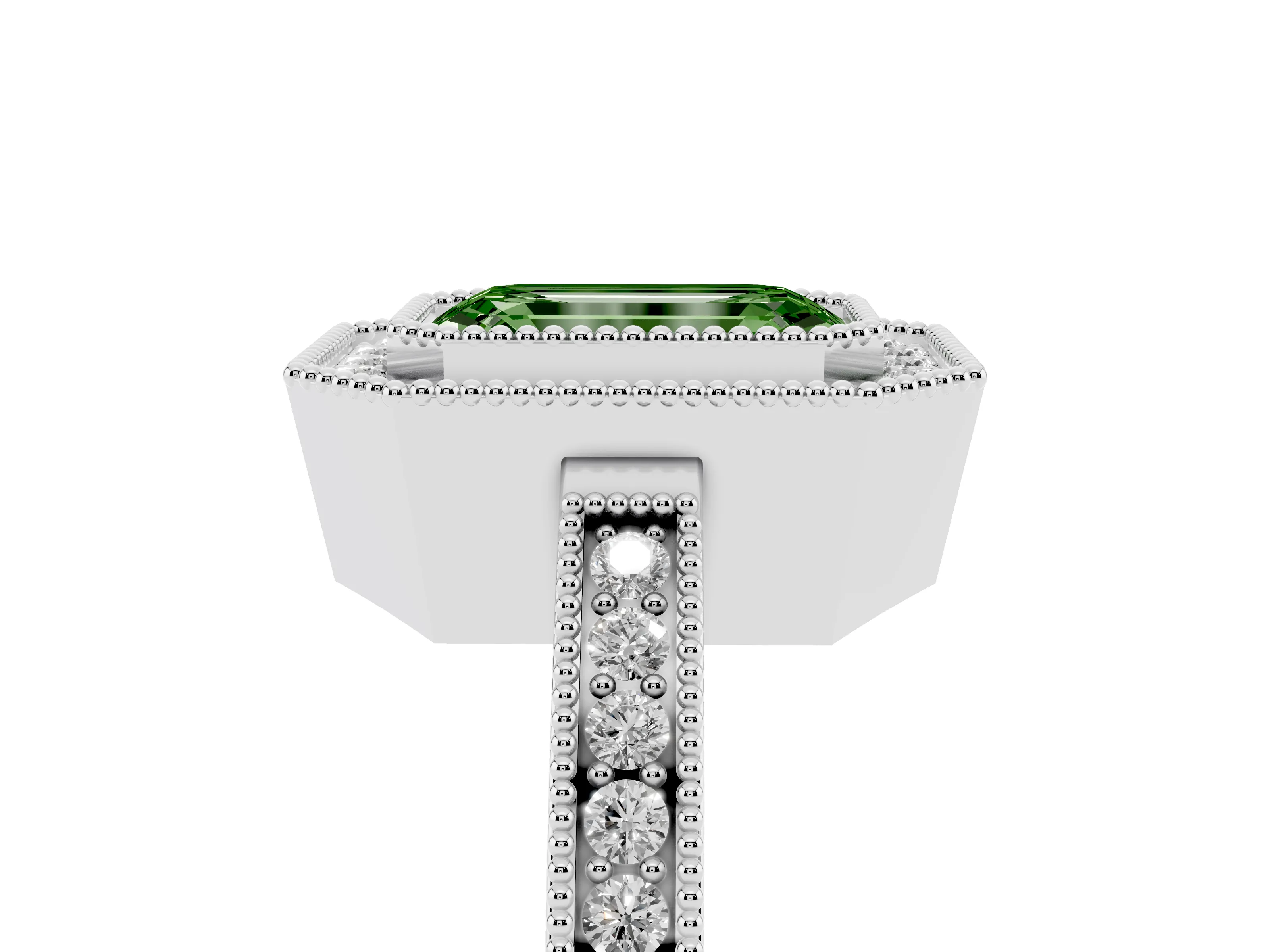 Fancy Green Emerald Cut Diamond Halo Ring Set in White gold with Pavé Band and Milgrain-Edged Prongs