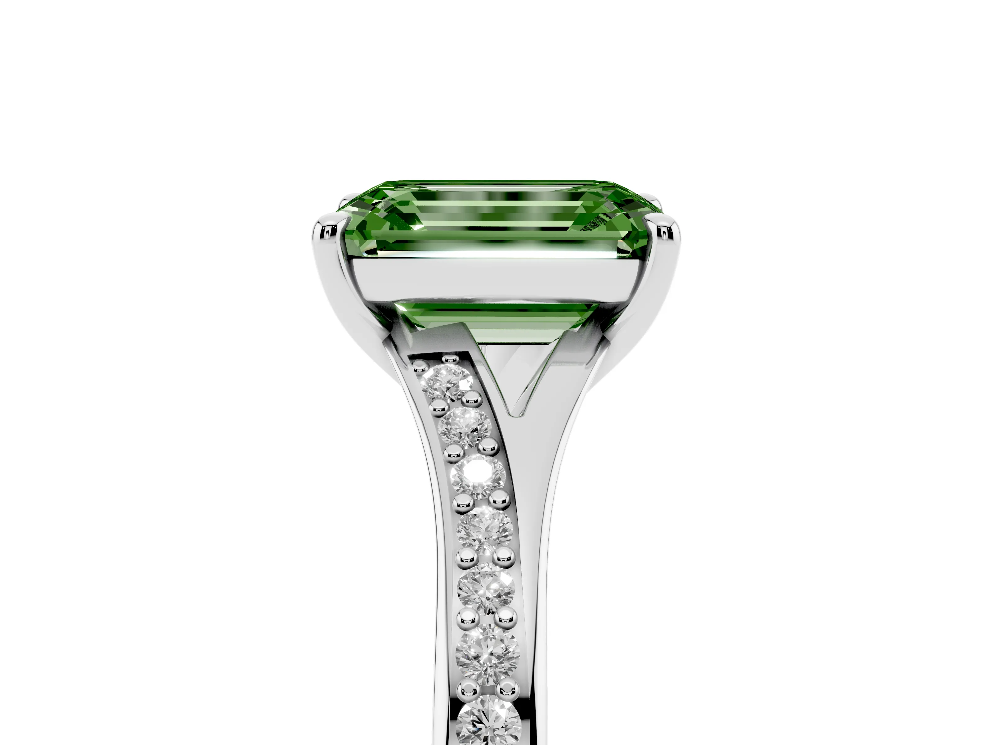 Fancy Green Emerald Cut Diamond Solitaire Ring Set in Silver with Pavé Accent Band and Classic Prong Setting