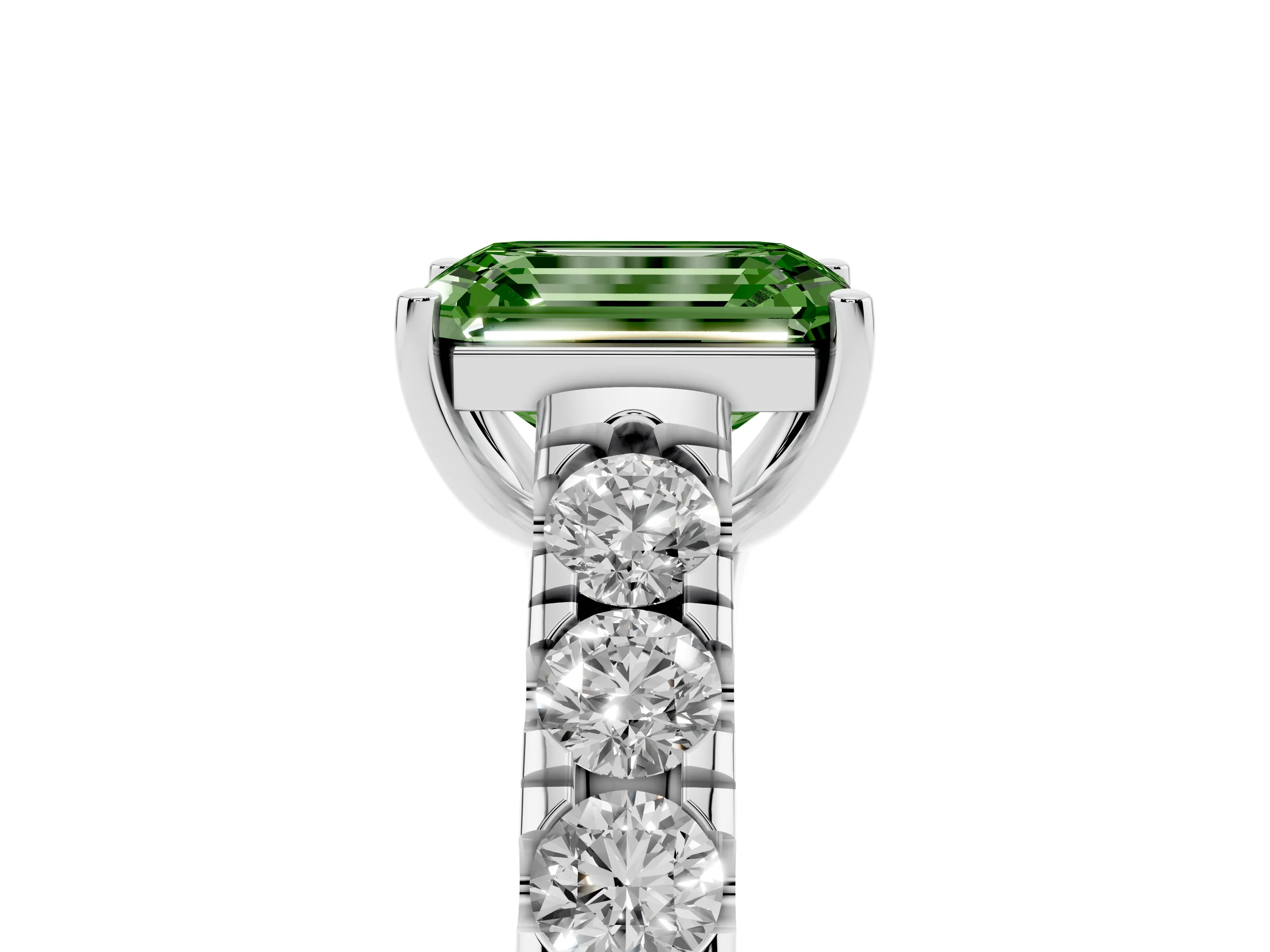 Fancy Green Emerald Cut Diamond Solitaire Ring Set in Silver with Cut-Down Micro Pavé Band and Prong Setting