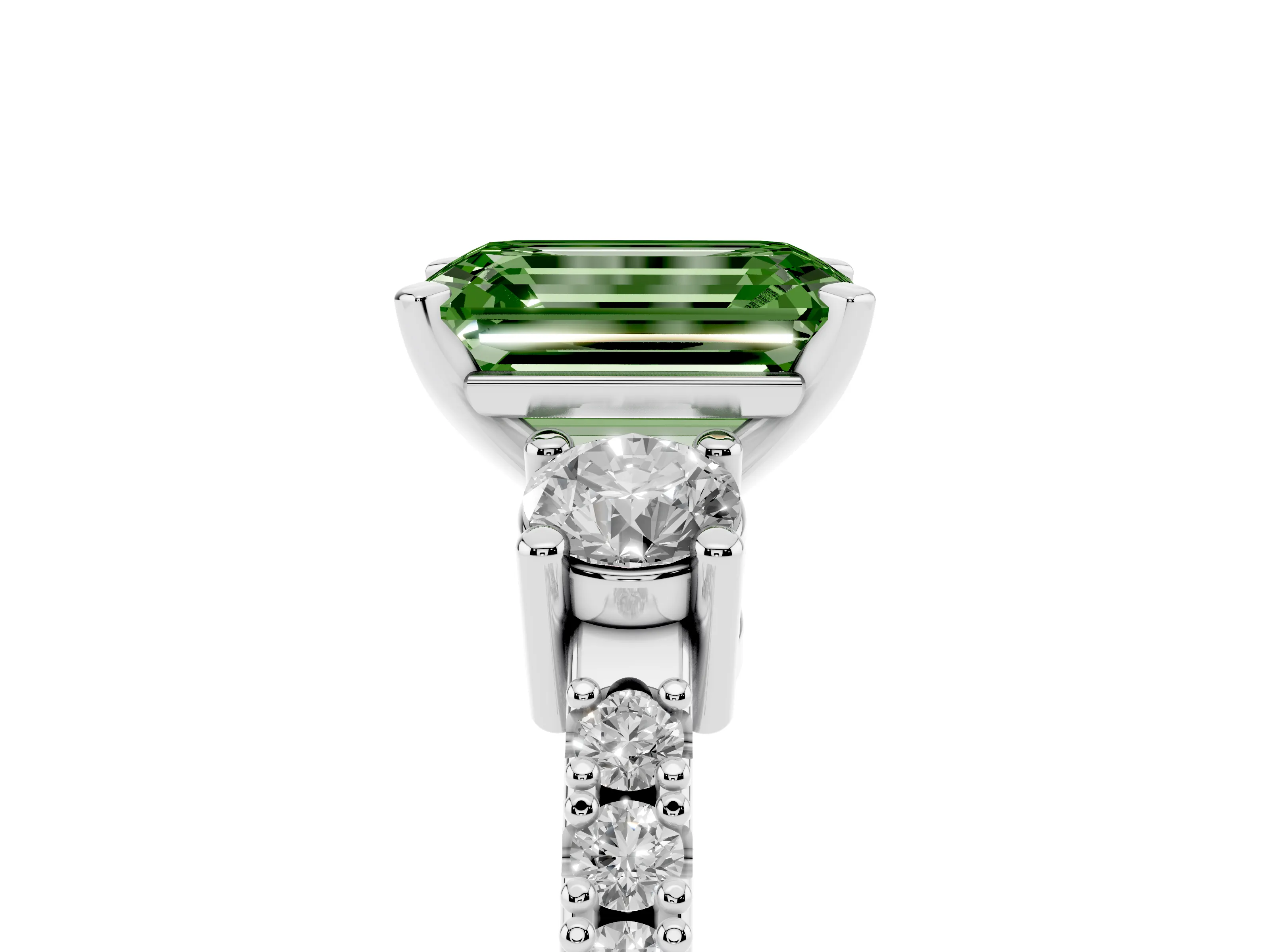 Fancy Green Three-Stone Emerald Cut Diamond Pavé Band Ring Set in White gold with Prong Setting