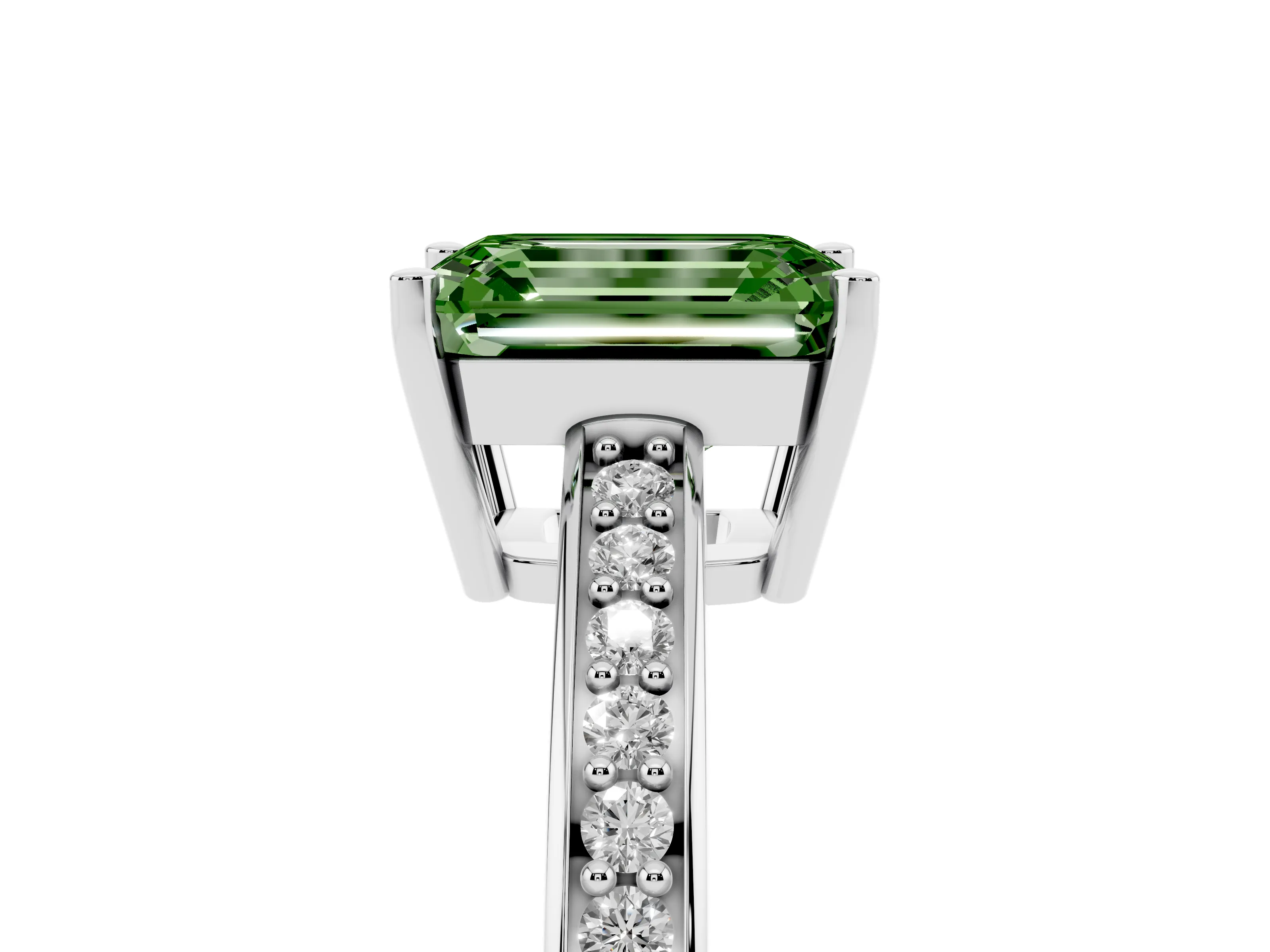 Fancy Green Emerald Cut Diamond Pavé Band Prong Set Solitaire Ring Set in White gold