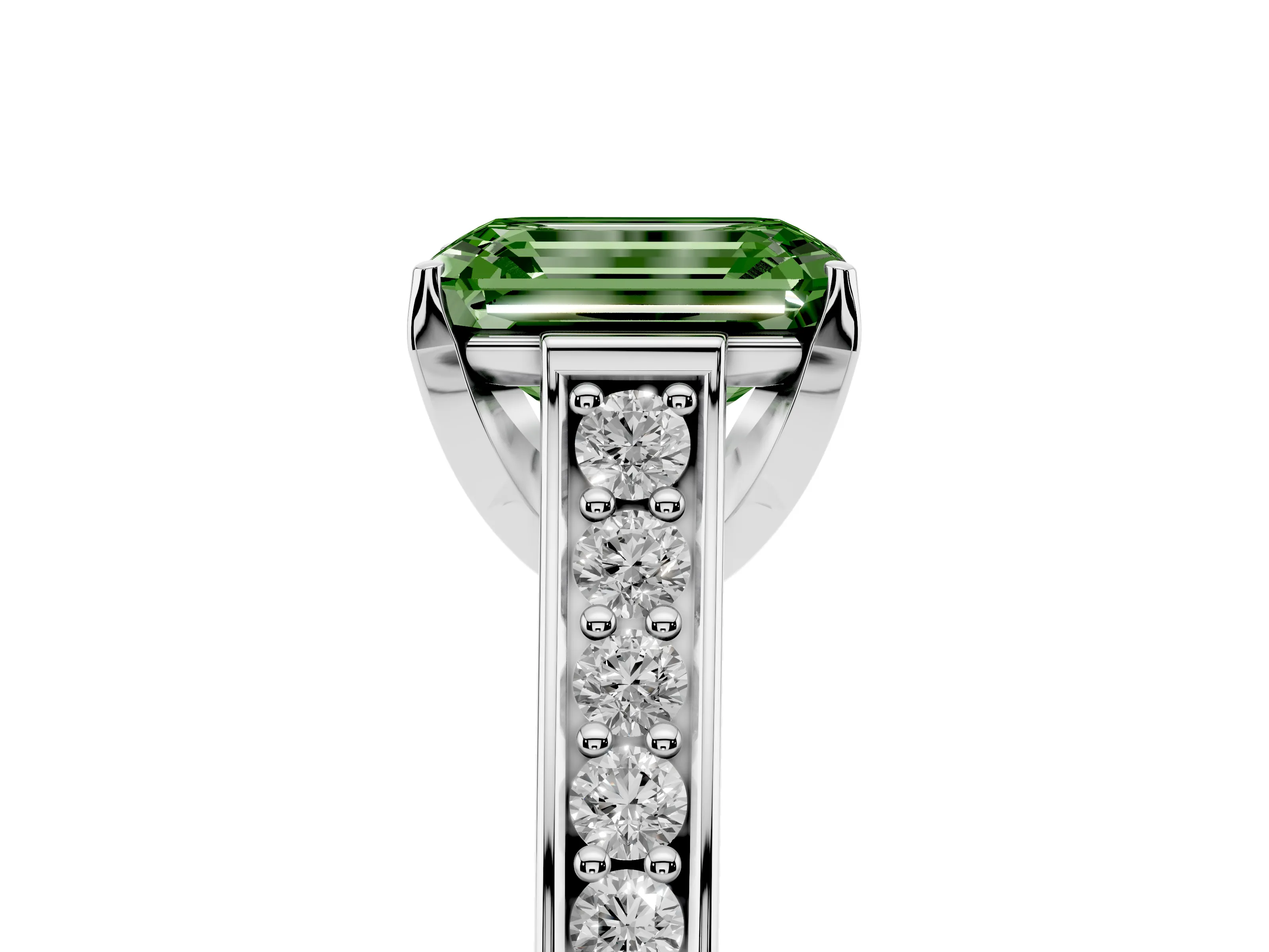 Fancy Green Emerald Cut Diamond Solitaire Pavé Engagement Ring Set in White gold with Prong Setting