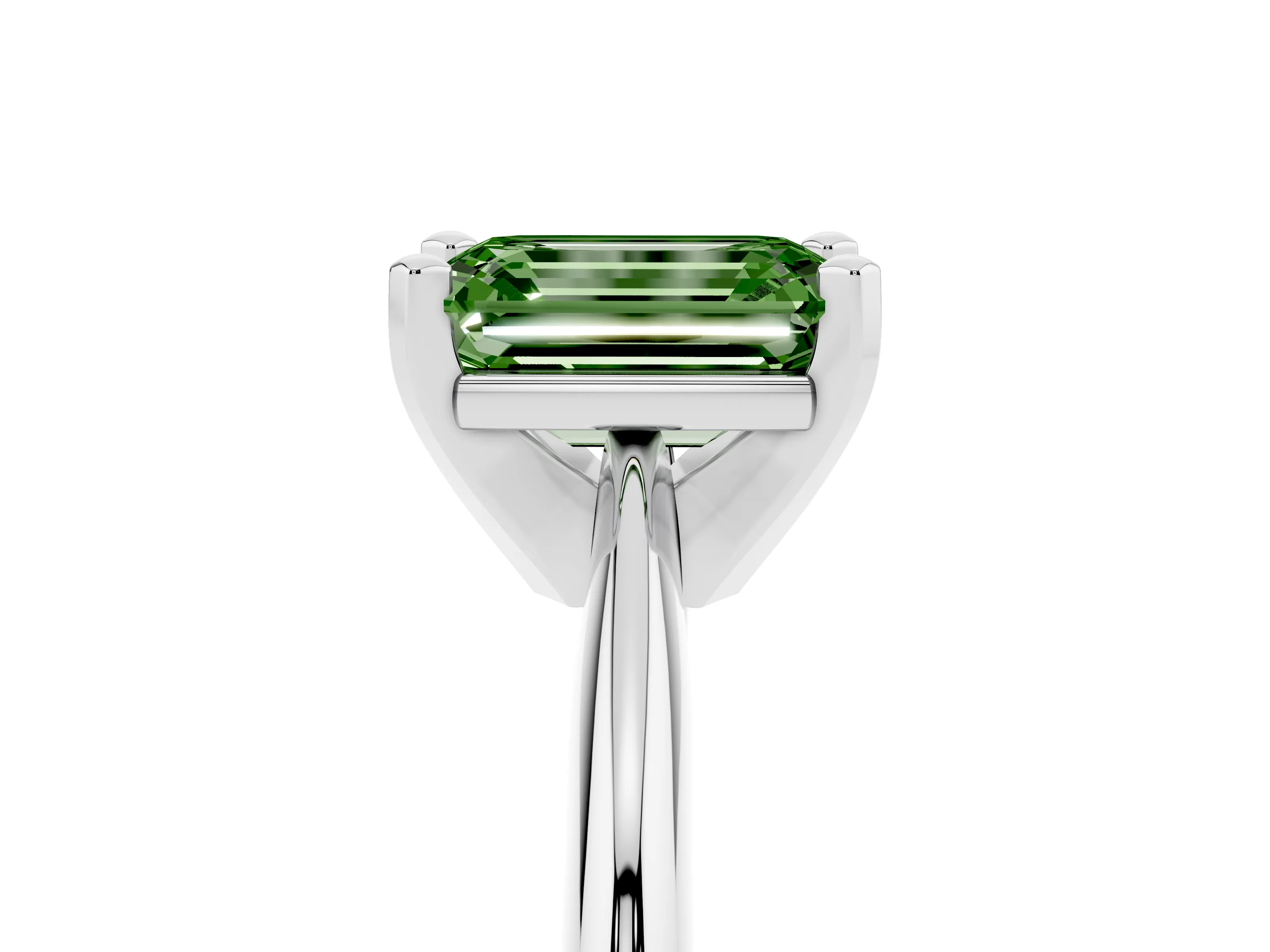 Fancy Green Emerald Cut Diamond Solitaire Ring Set in Platinum with Prong Setting on a Plain Round Band