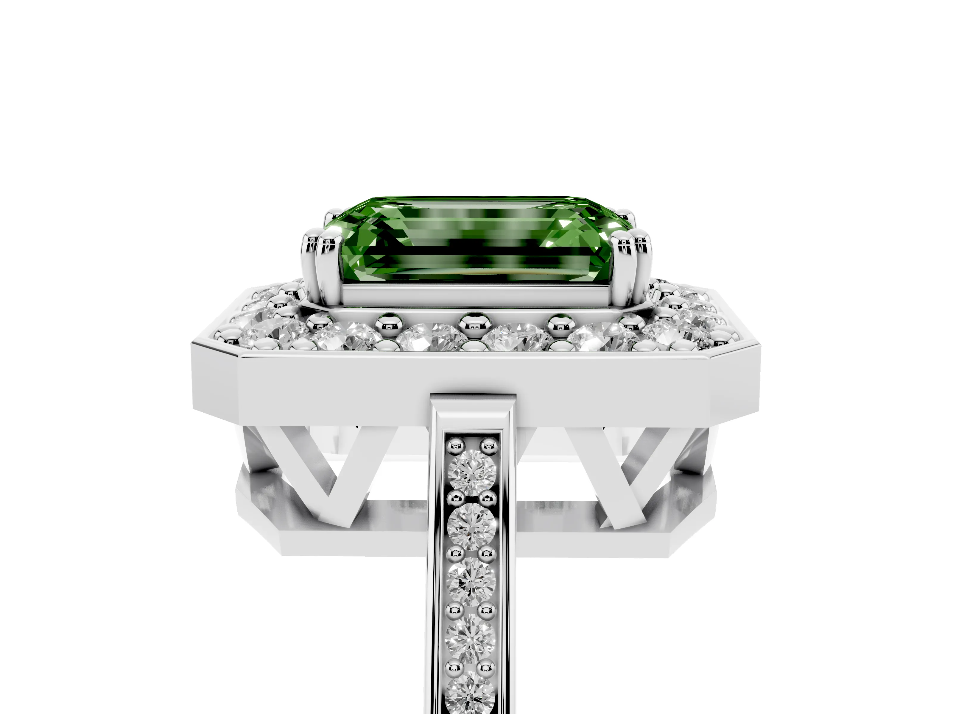 Fancy Green Emerald Cut Diamond Halo Ring Set in White gold with Accent-Lined Split Shank and Prong Setting