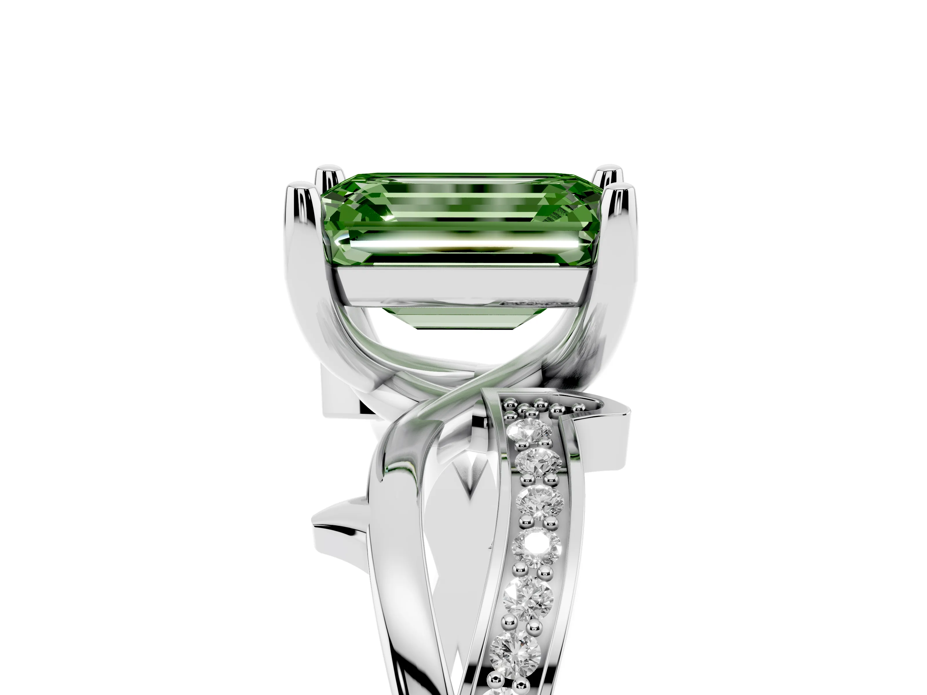 Fancy Green Emerald Cut Diamond Pavé Twist Band Solitaire Ring Set in Platinum with Prong Setting