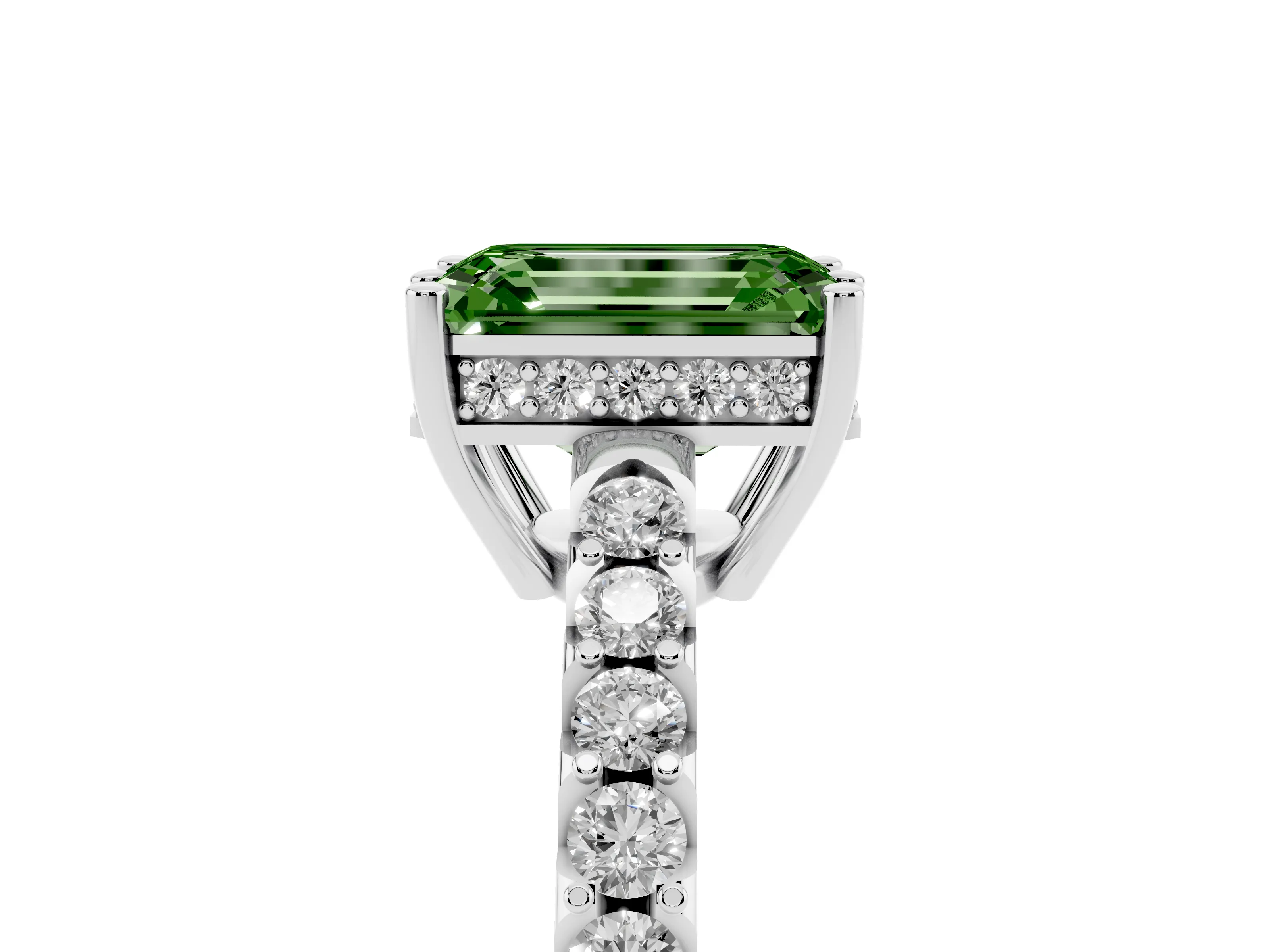 Fancy Green Emerald Cut Diamond Solitaire Engagement Ring Set in White gold with Pavé Band and Prong Setting