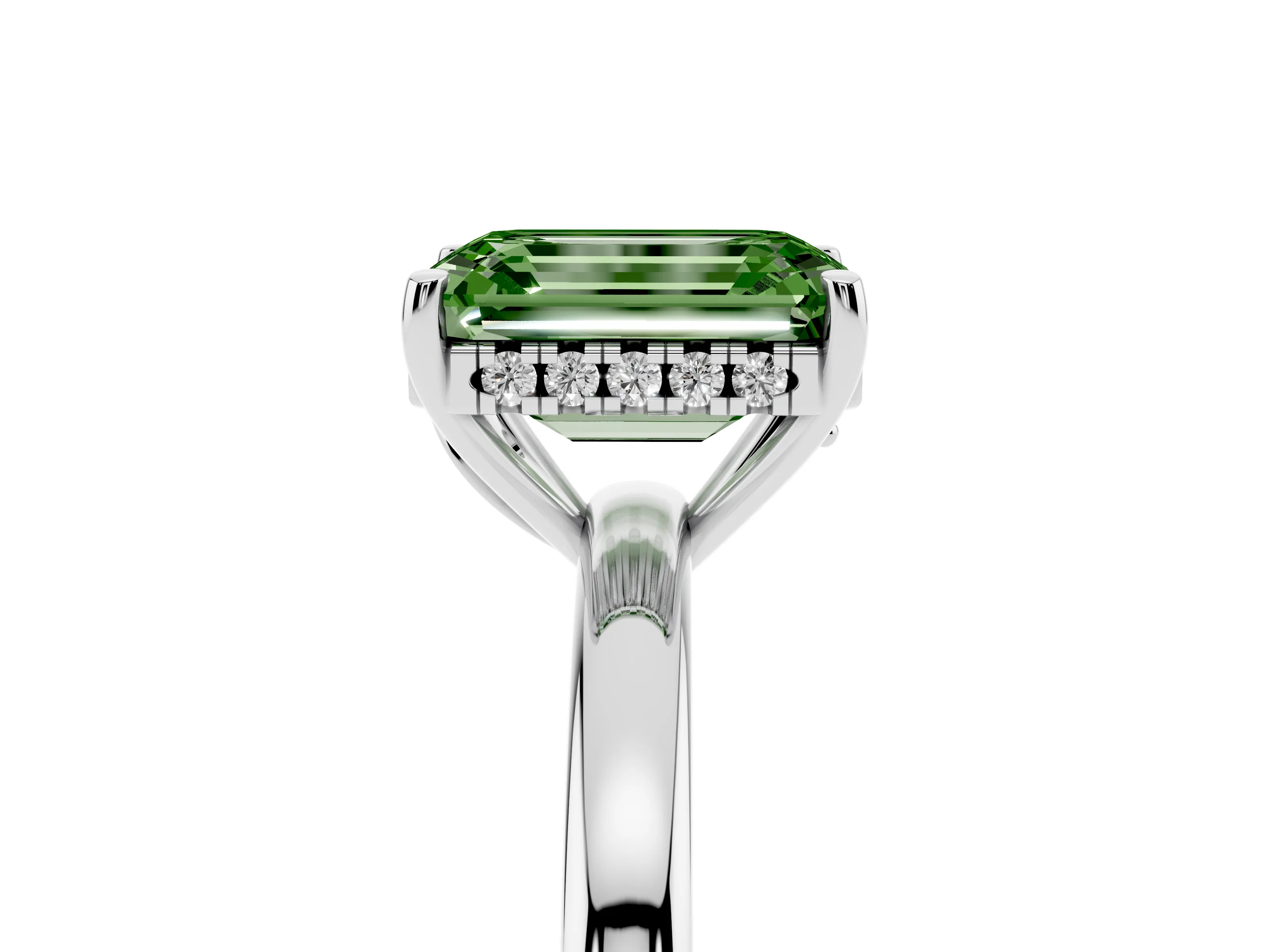 Fancy Green Emerald Cut Diamond Solitaire Ring Set in Silver with Plain Band and Prong Setting