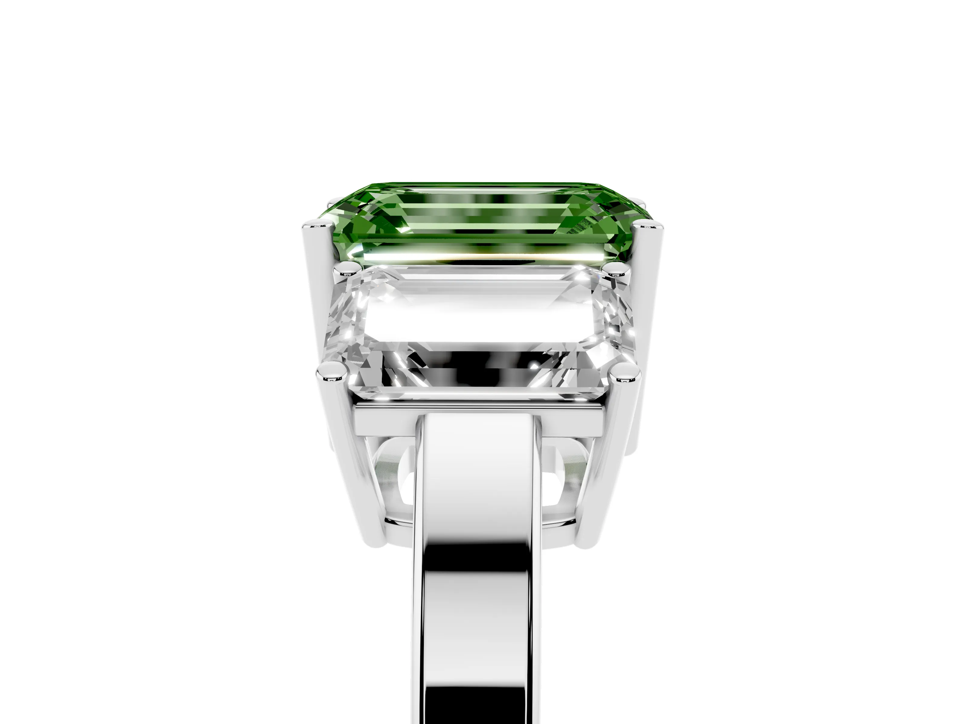 Fancy Green Emerald Cut Diamond Three-Stone Engagement Ring Set in Silver with Flat Band