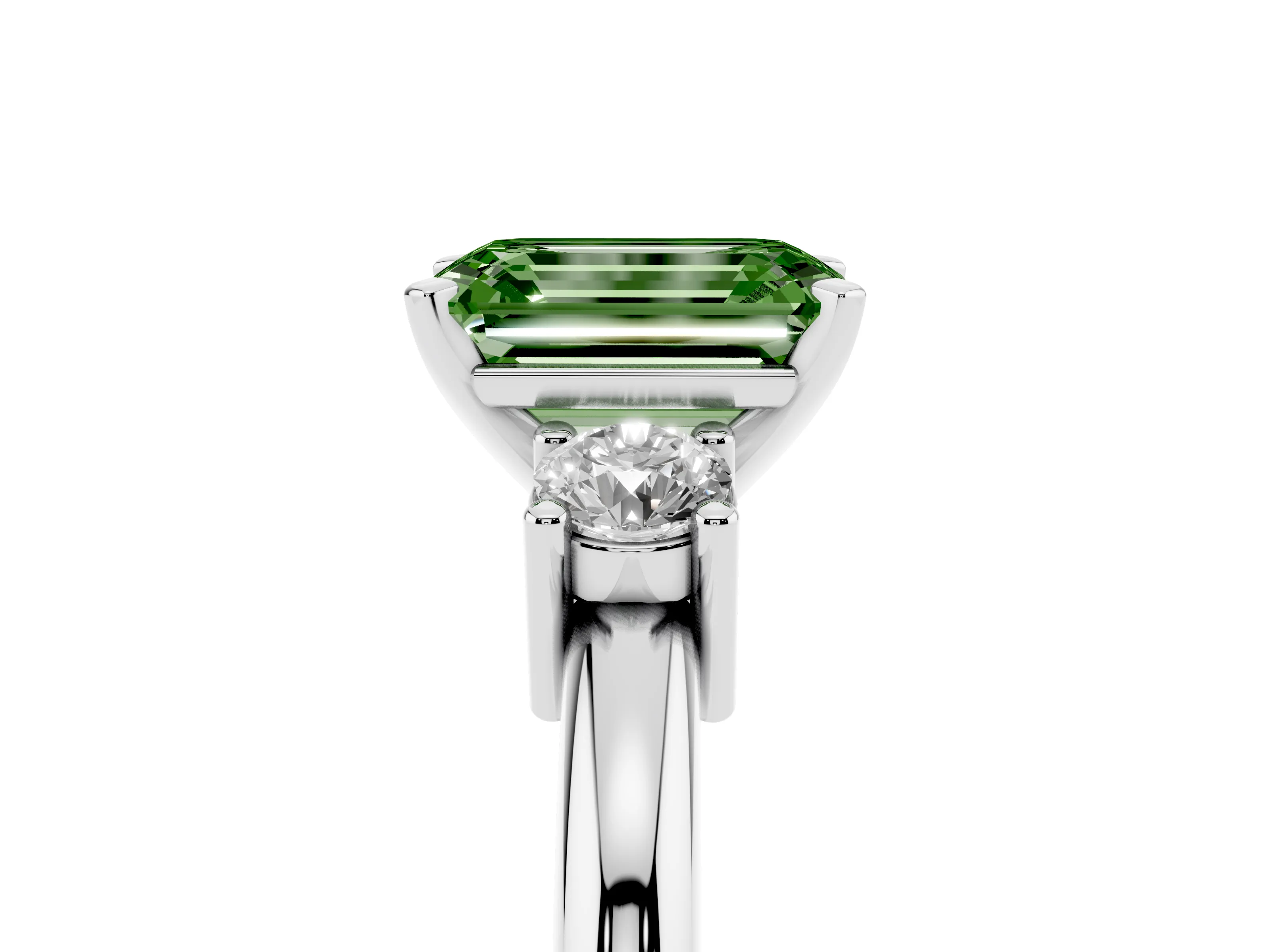 Fancy Green Three-Stone Emerald Cut Diamond Ring Set in Platinum with Prong Setting and Plain Band
