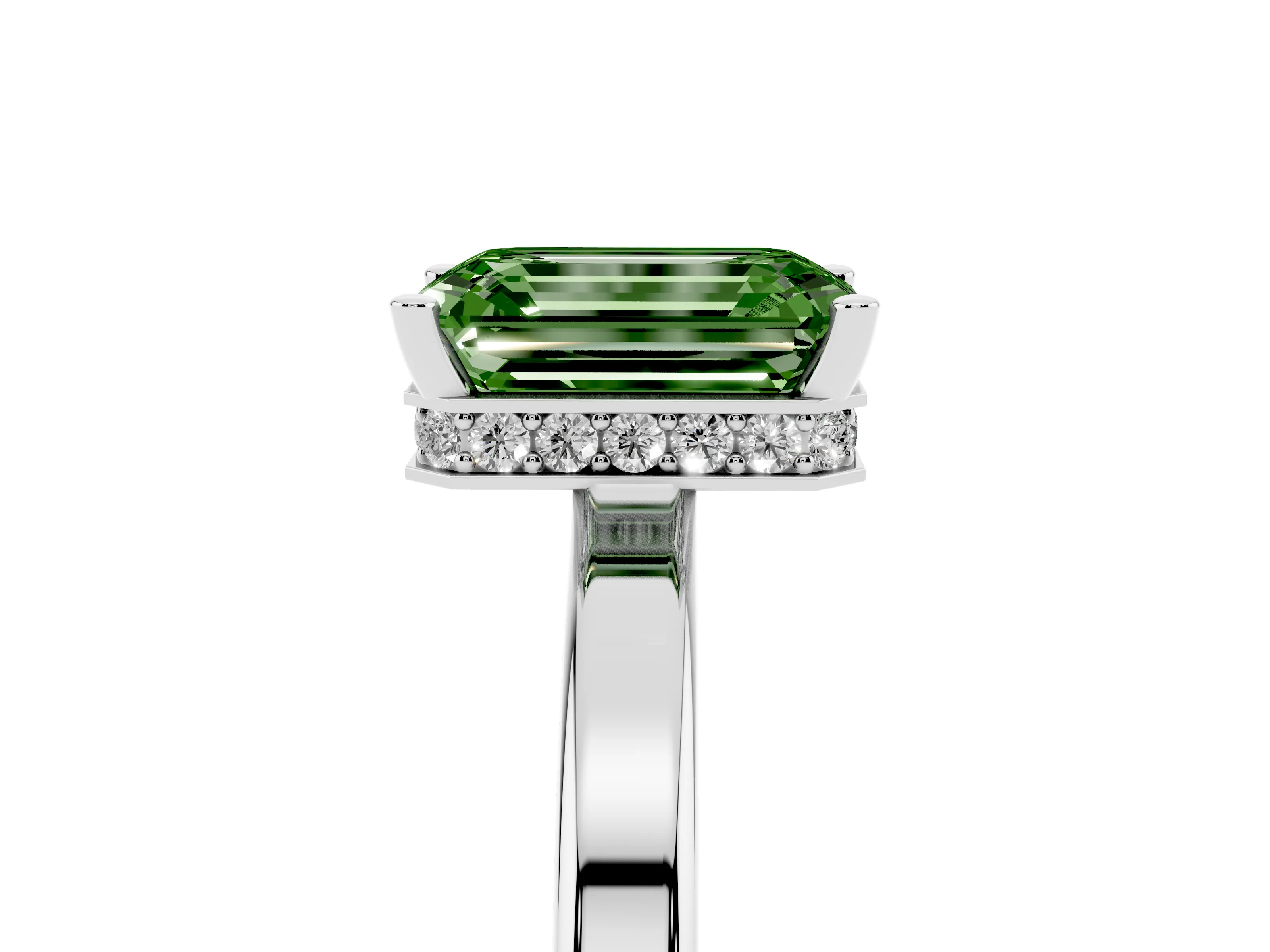 Fancy Green Emerald Cut Diamond Solitaire Engagement Ring Set in Platinum with Prong Setting on a Plain Band